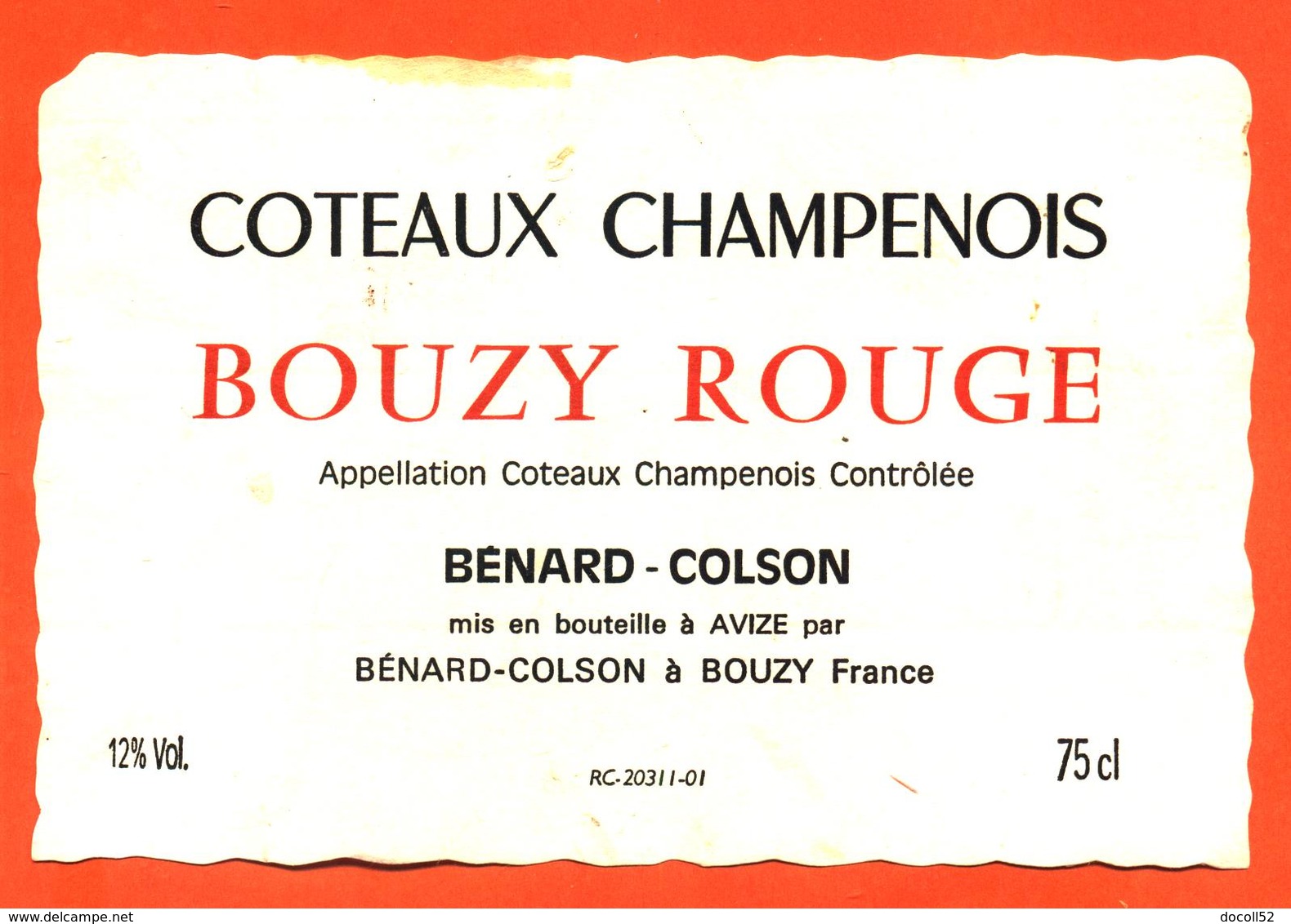 étiquette De Coteaux Champenois Bouzy Rouge 1989 Benard Colson à Bouzy - 75 Cl - Champagne