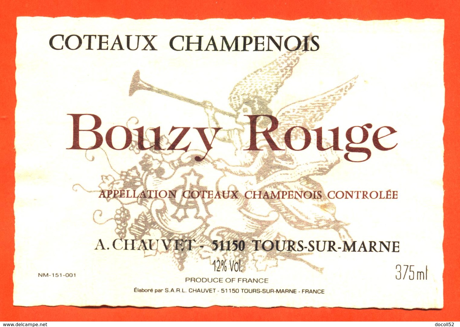 étiquette De Coteaux Champenois Bouzy Rouge A Chauvet à Tours Sur Marne - 37,5 Cl - Champagne