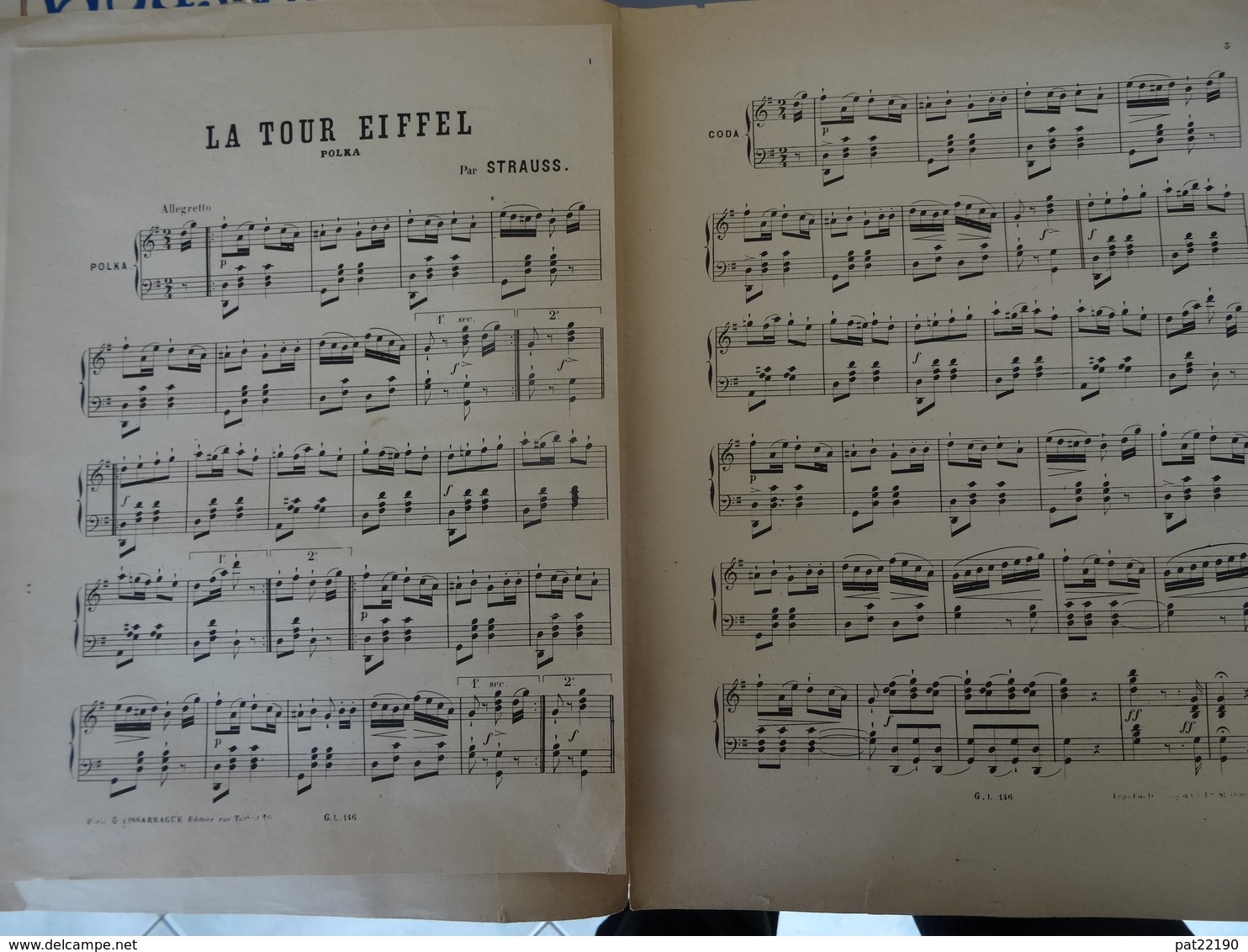 Partition Ancienne Grand Format La Tour Eiffel Strauss Piano Polka 6 Pages Période EXPo Universelle - Scores & Partitions