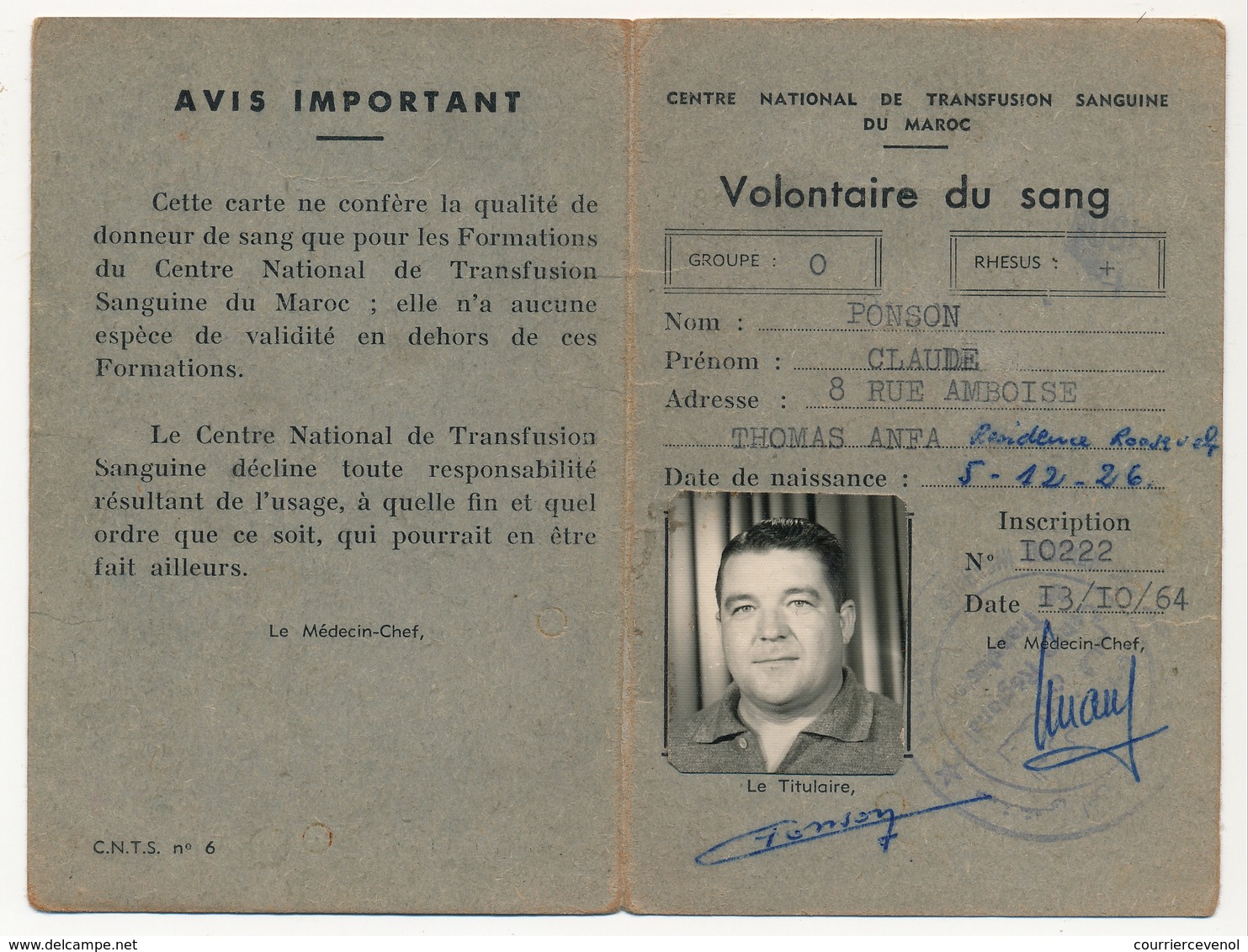 MAROC - Centre National De Transfusion Sanguine Du Maroc - Volontaire Du Sang - 1964 - Unclassified