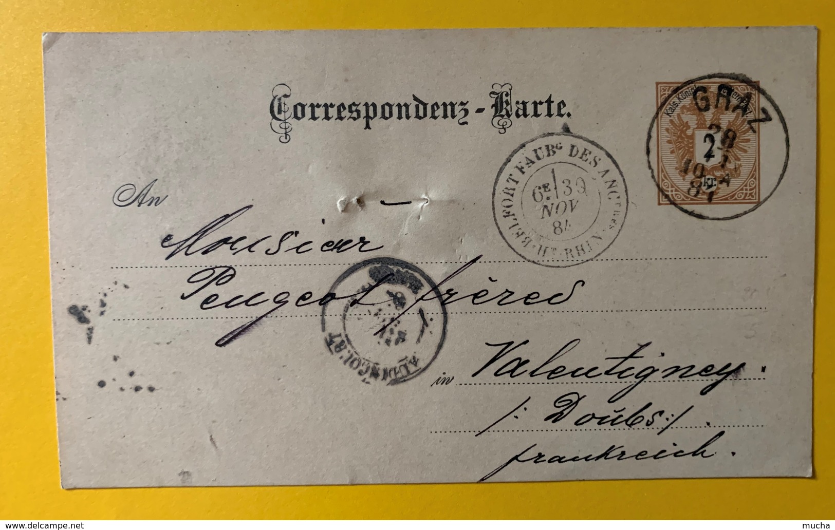 10003  - Entier Postal Graz 28.10.1884 Pour Valentigny Via Belfort Et Audincourt - Autres & Non Classés