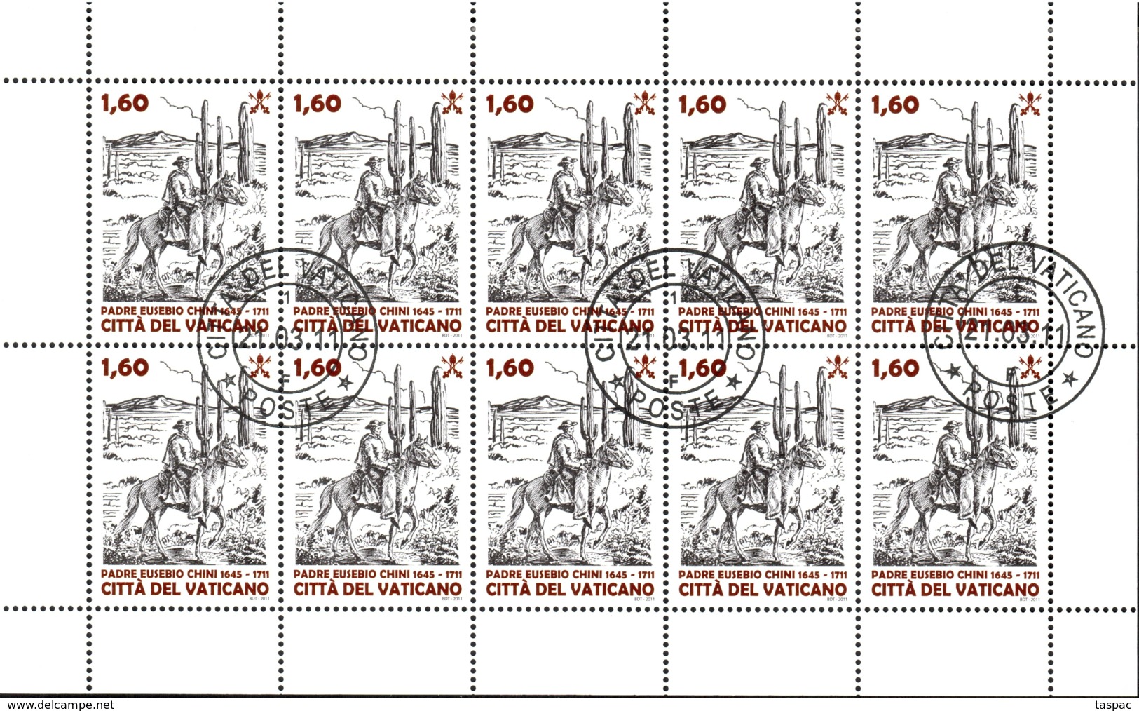 Vatican 2011 Mi# 1698 Kleinbogen Used - Sheet Of 10 (5 X 2) - Third Centenary Of Death Of Father E. Chini - Used Stamps