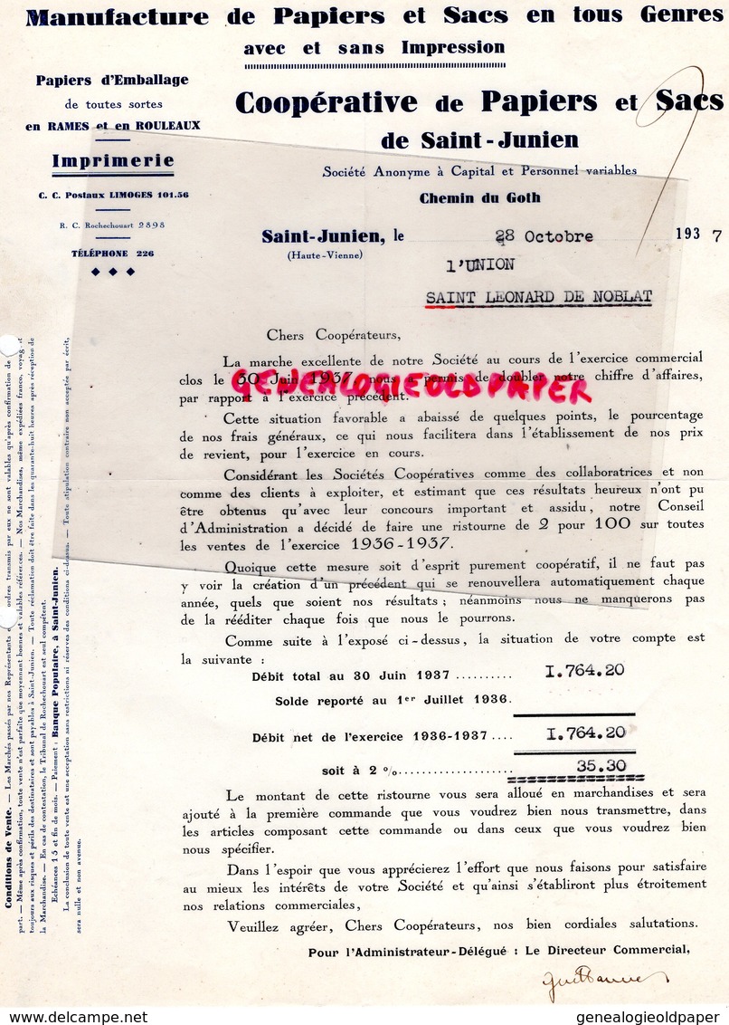 87 - SAINT JUNIEN - ST JUNIEN-LETTRE  COOPERATIVE PAPIERS ET SACS - IMPRIMERIE PAPIERS EMBALLAGE- CHEMIN DU GOTH-1937 - Druck & Papierwaren