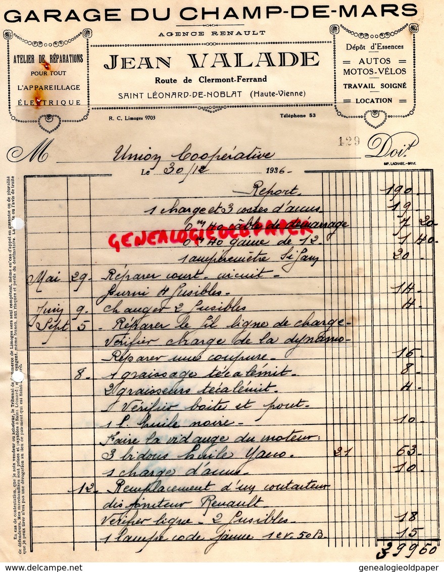 87 - SAINT LEONARD DE NOBLAT -ST LEONARD- FACTURE GARAGE DU CHAMP DE MARS- JEAN VALADE - ROUTE DE CLERMONT FERRAND- 1936 - 1900 – 1949