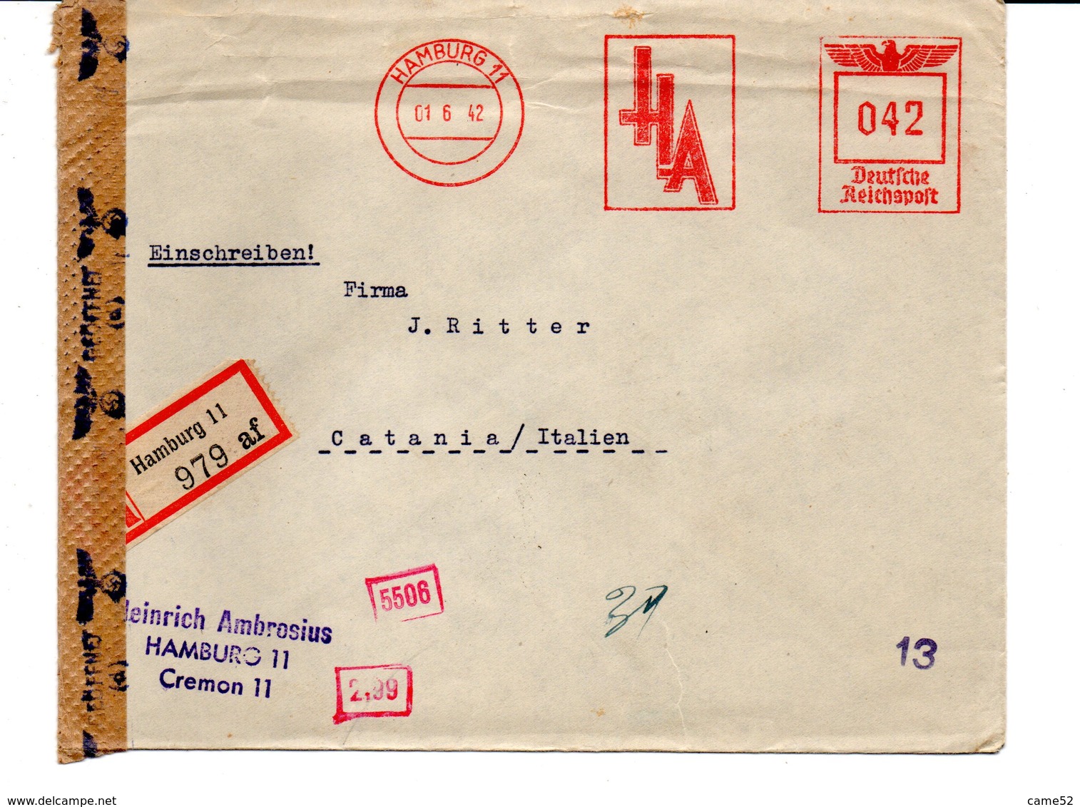 1942 EMA Affrancatura Meccanica Rossa Freistempel Germania Lubeck HA Heinridch Ambrosius Import Export - Machines à Affranchir (EMA)