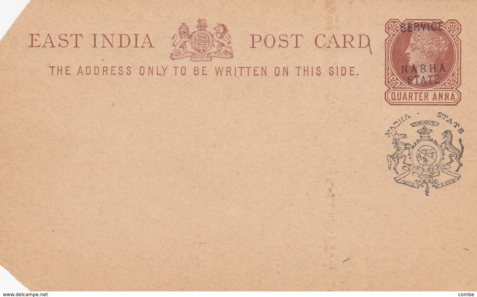 POST CARD. STATIONERY. EAST INDIA. QUARTER ANNA. SERVICE NABHA STATE - Nabha