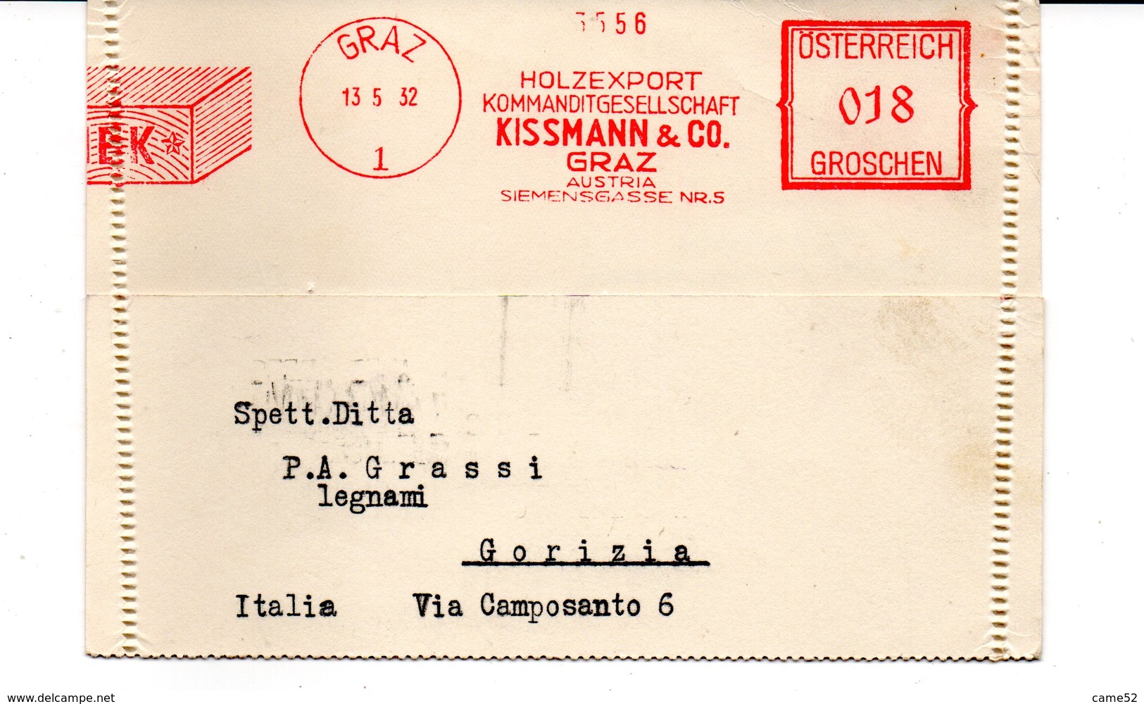 1932 EMA Affrancatura Meccanica Rossa Freistempel Austria Graz KISSMANN & CO. Legnami - Machines à Affranchir (EMA)