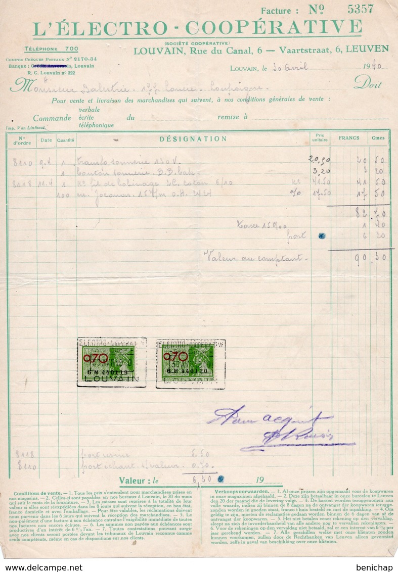 ELECTRO - COOPERATIVE - LOUVIN - LEUVEN - LOUPOIGNE - LE 30 AVRIL 1940. - Elektriciteit En Gas