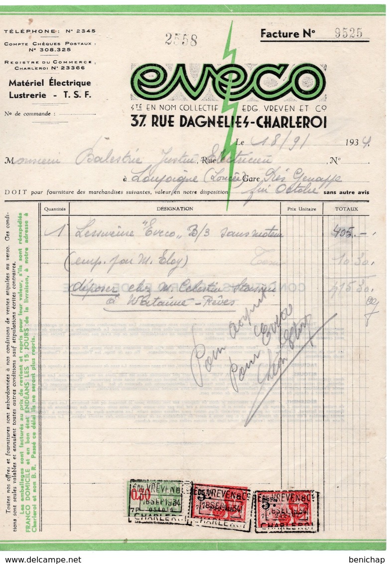 MATERIEL ELECTRIQUE - LUSTRERIE - T.S.F. - EVECO - CHARLEROI - GENAPPE - LOUPOIGNE - 18 SEPTEMBRE 1934. - Elektrizität & Gas