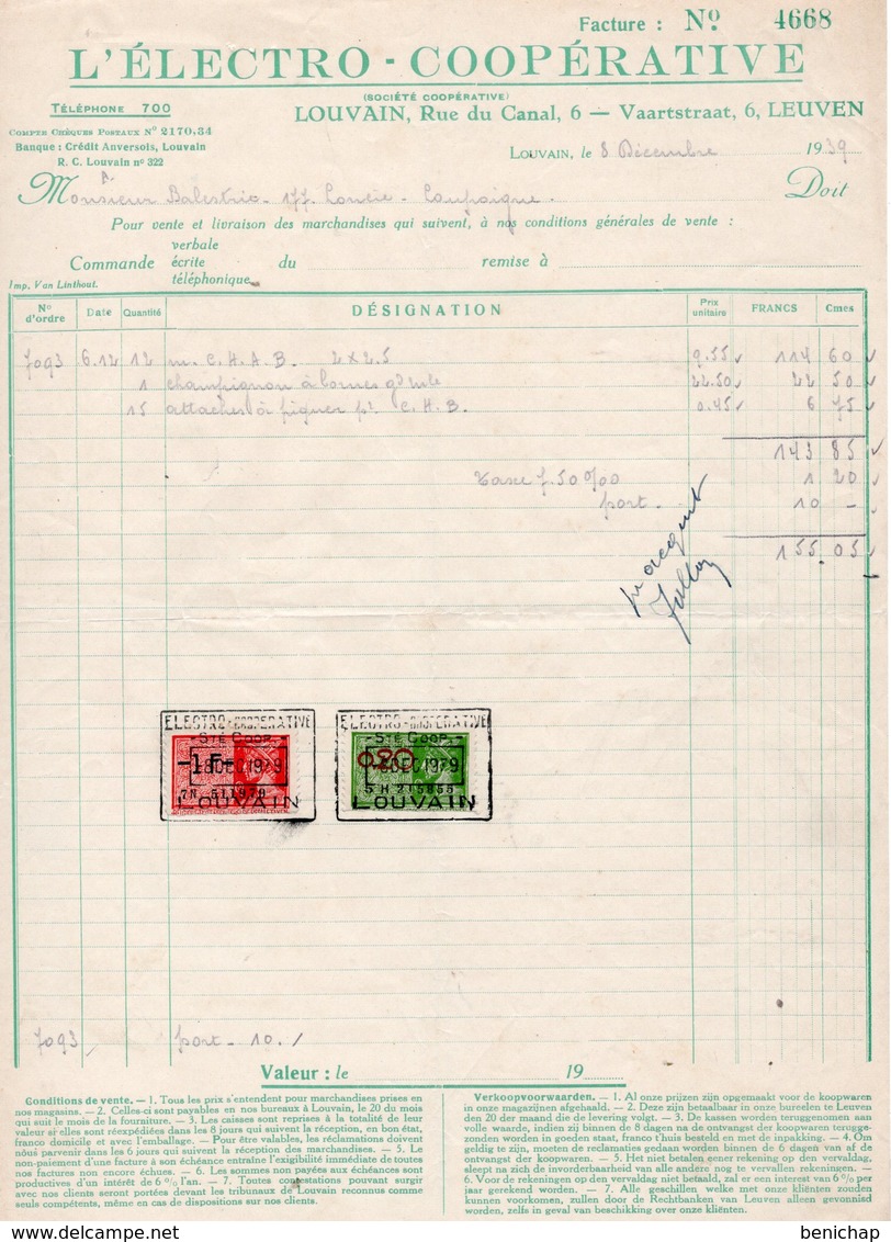 ELECTRO COOPERATIVE - LOUVIN - LEUVEN - LOUPOIGNE - 08 DECEMBRE 1939 - Elektrizität & Gas