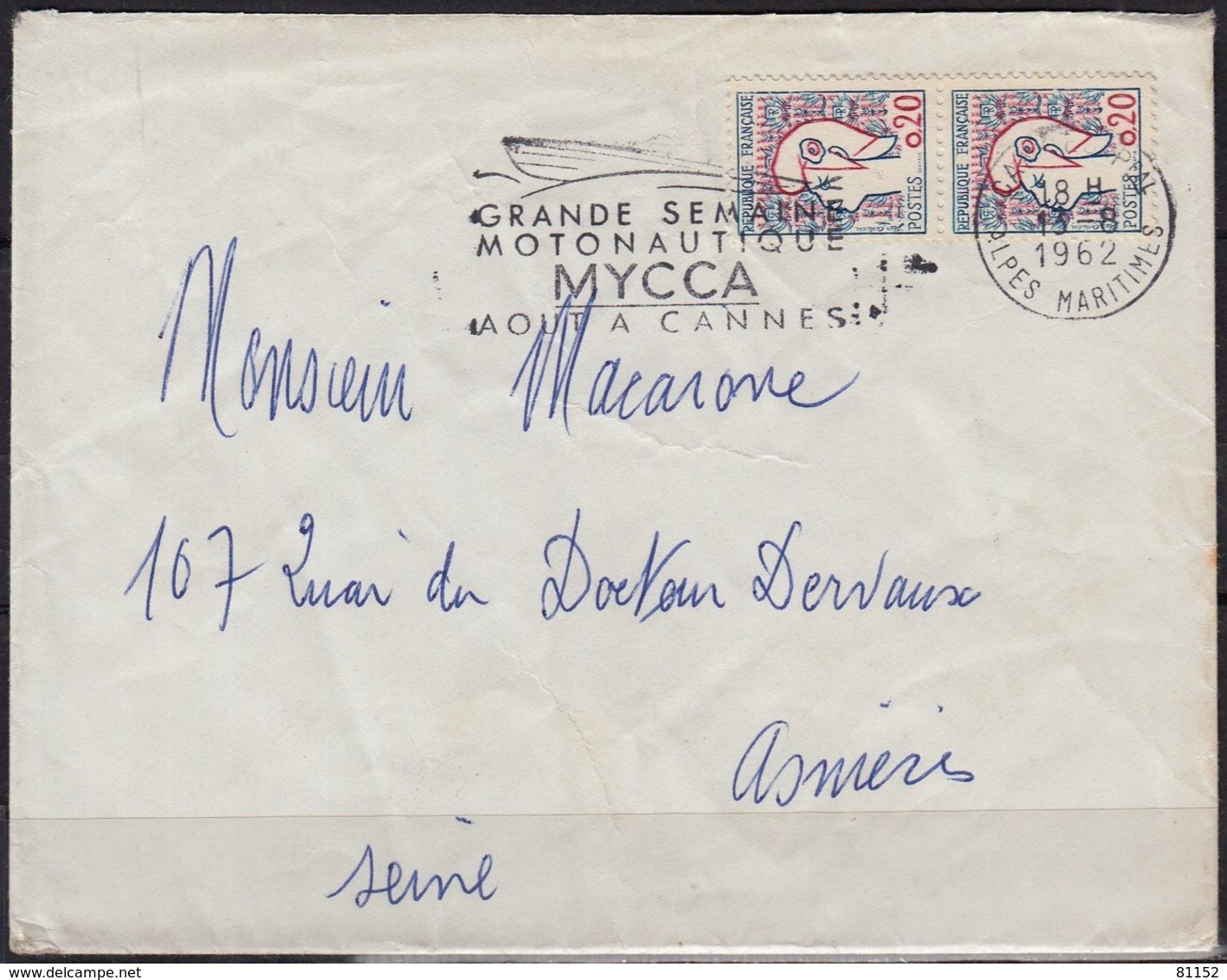Marianne De Cocteau 20c  LA PAIRE   Sur Enveloppe De CANNES  A.Mmmes    Postée Le 13 8 1962 - 1961 Marianne De Cocteau