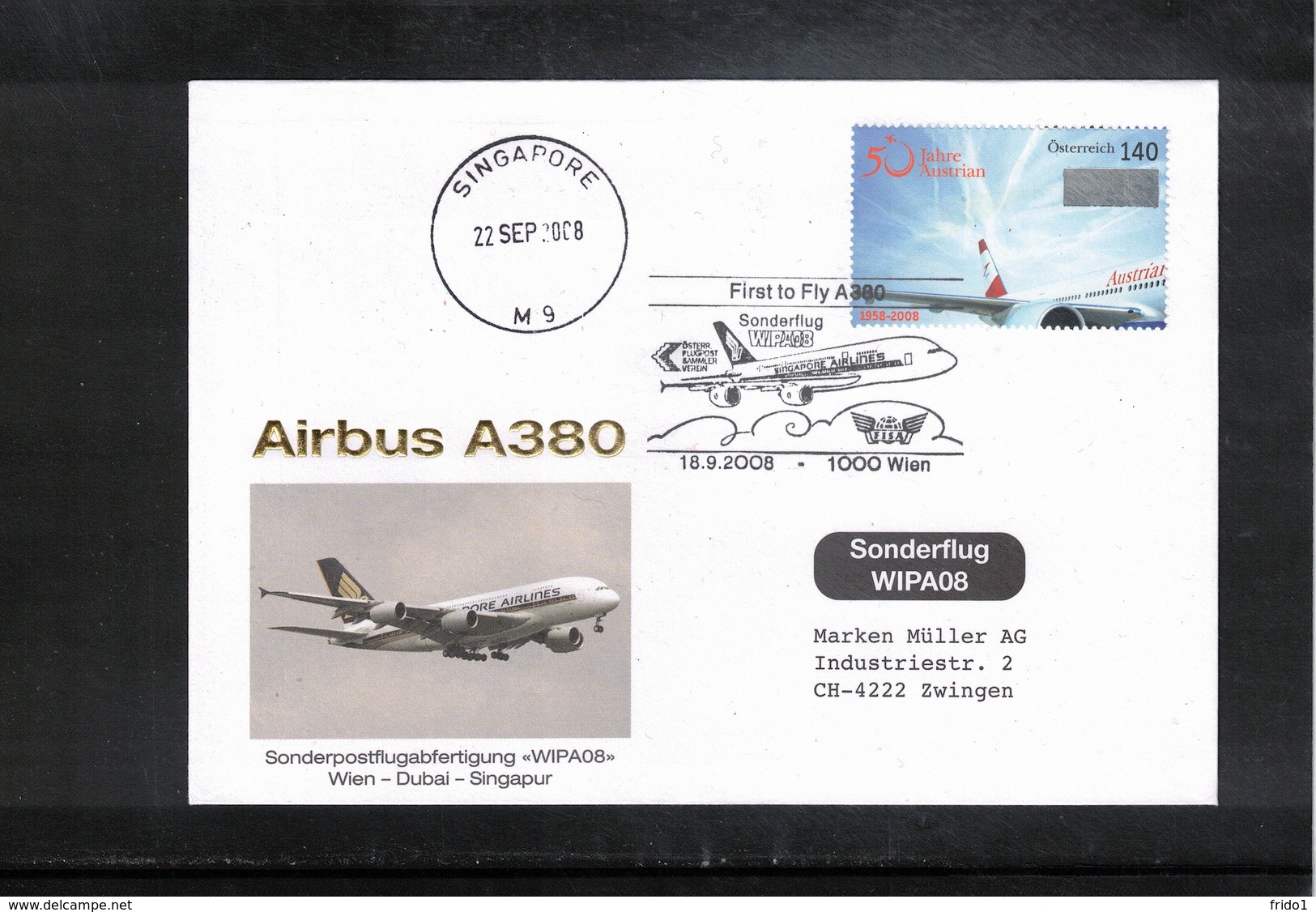 Austria / Oesterreich 2008 Special WIPA08 Flight Airbus A380 Wien - Dubai - Singapore - Storia Postale