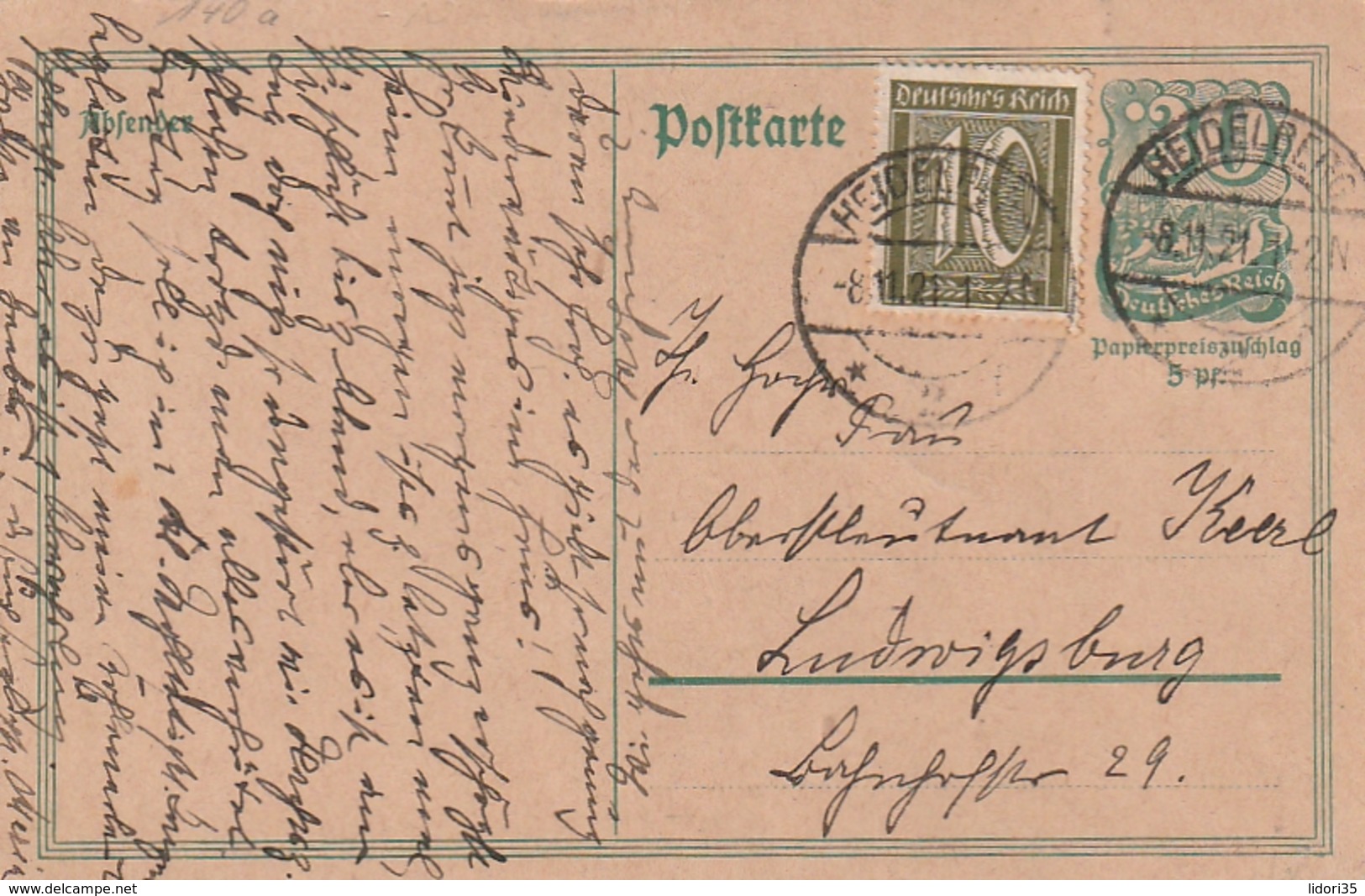 Deutsches Reich / 1921 / Postkarte Mit Zusatzfrankatur Stegstempel Heidelberg (AI62) - Other & Unclassified