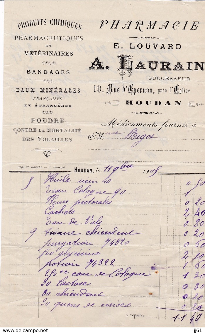 HOUDAN A LAURAIN E LOUVARD PHARMACIE PRODUITS CHIMIQUES VETERINAIRES BANDAGES ANNEE 1909 PETITE DECHIRURRE EN BAS - Autres & Non Classés