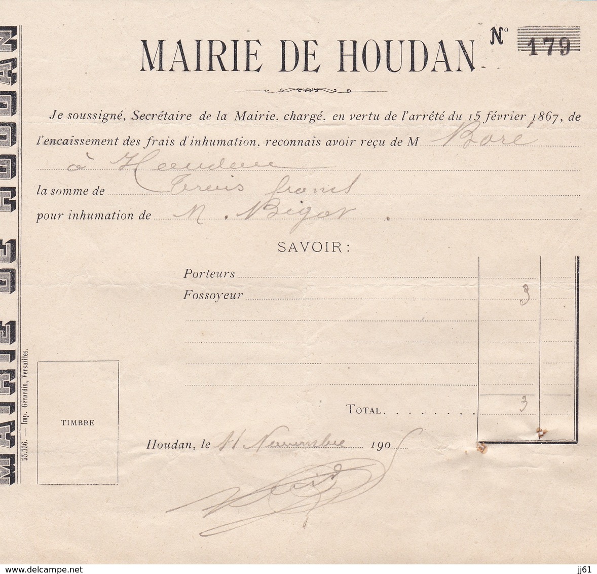 HOUDAN MAIRIE NOTE D INHUMATION ANNEE 1905 - Autres & Non Classés