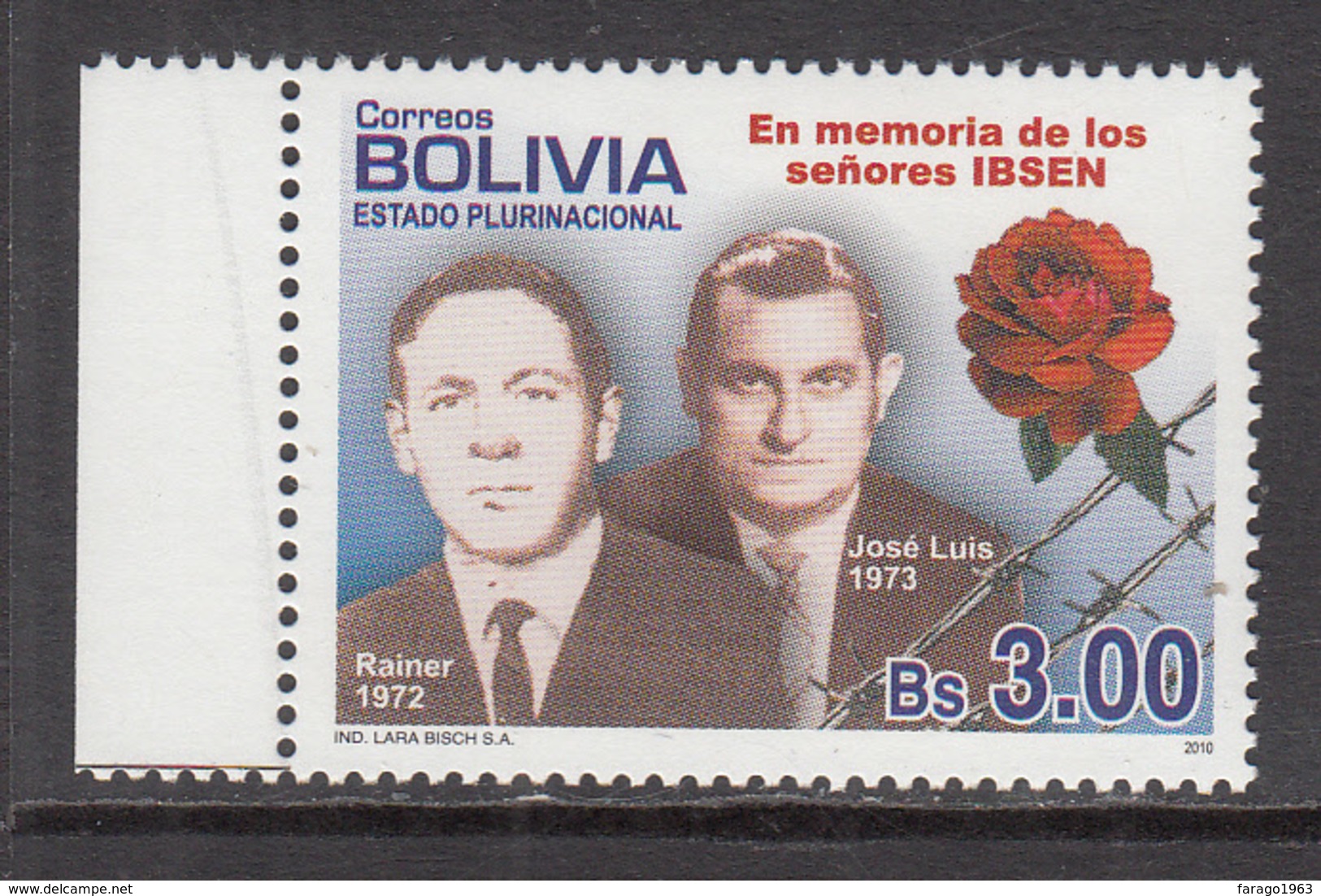 2001 Bolivia Ibsen Kidnapping Rose Complete Set Of 1 MNH - Bolivia