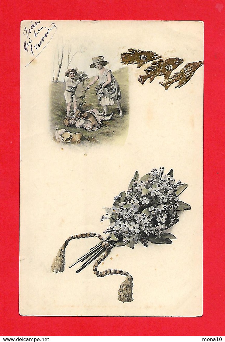 Vienne, Illustrateur -Fleurs; Bouquet De Violettes, Poisson, Enfants, Chien Teckel - Blumen