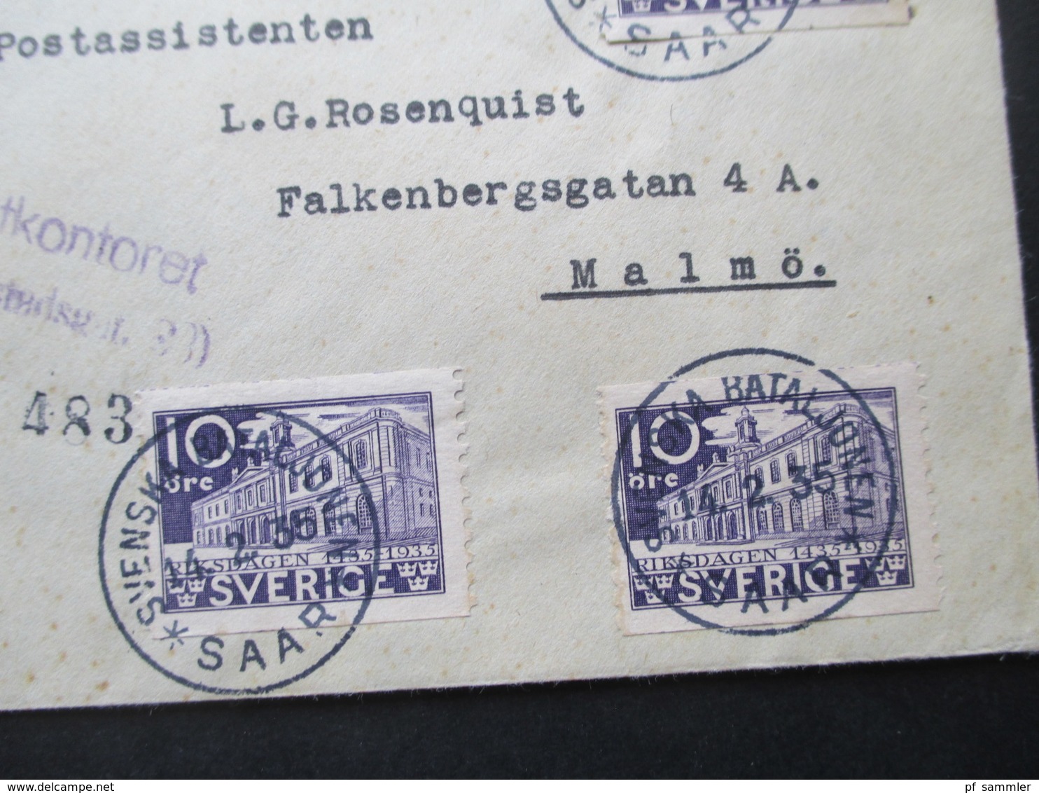 Saargebiet Schwedische Feldpost Einschreiben R-Zettel Svenska Bataljonen Saar Nach Malmö L2 Avhämtas A Postkontoret - Brieven En Documenten