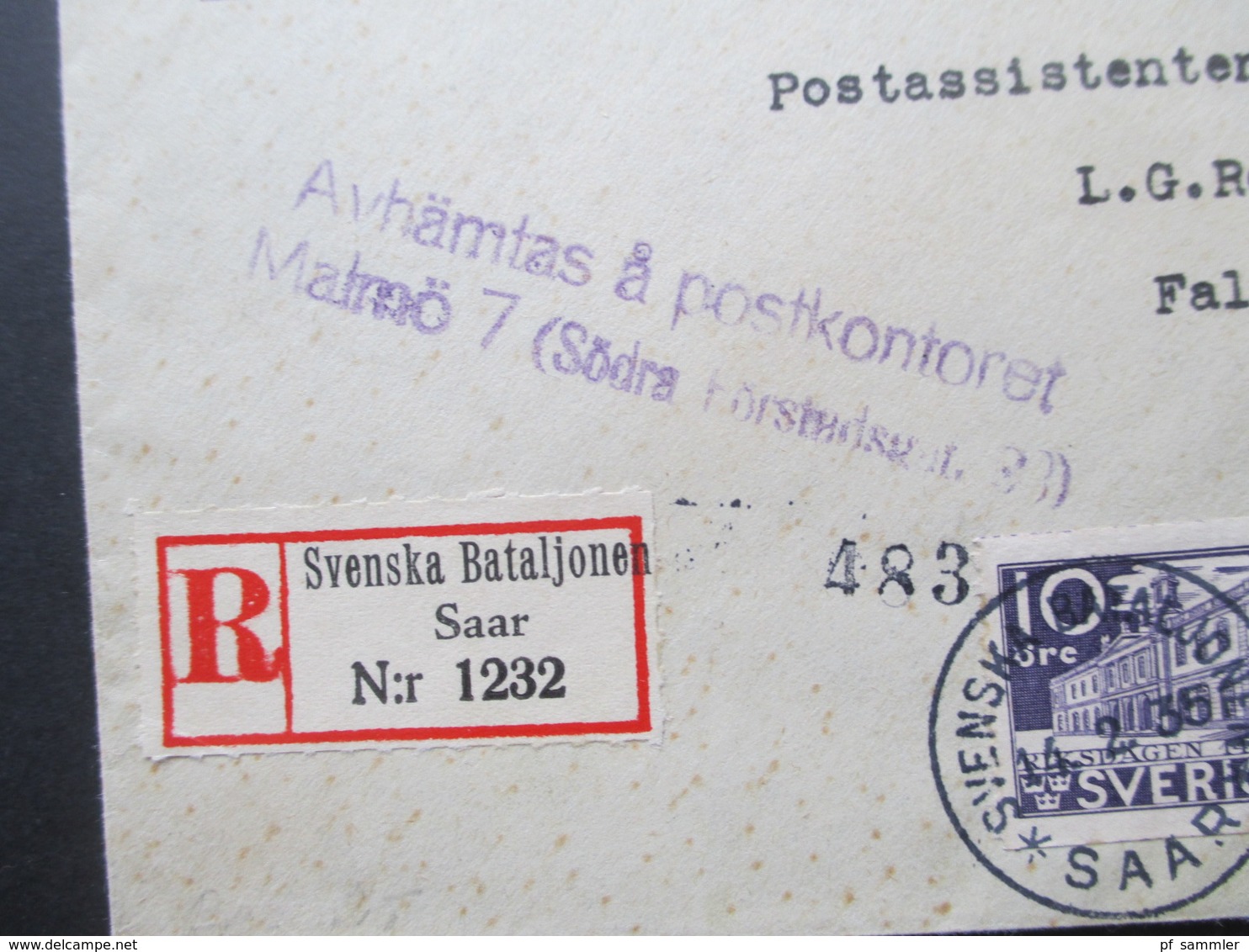 Saargebiet Schwedische Feldpost Einschreiben R-Zettel Svenska Bataljonen Saar Nach Malmö L2 Avhämtas A Postkontoret - Lettres & Documents