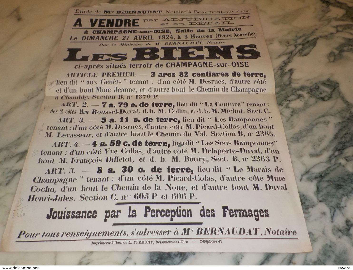 ANCIENNE AFFICHE DU NOTAIRE DE BEAUMONT SUR OISE - Posters