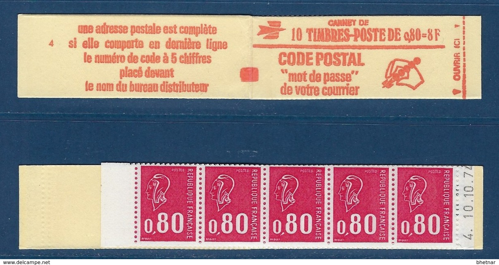 FR Carnet YT 1816-C4 " 10 BEQUET 80c. Rouge GT Sans Phosphore " 1974 Ouvert Daté - Sonstige & Ohne Zuordnung