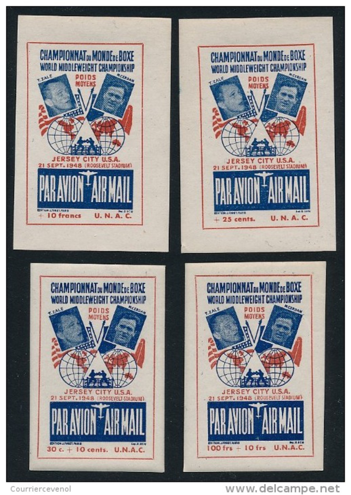 France-Etats Unis - 4 Vignettes Par Avion Championnat Du Monde Boxe 1948 - Airmail Label World Championship Jersey City - Cinderellas