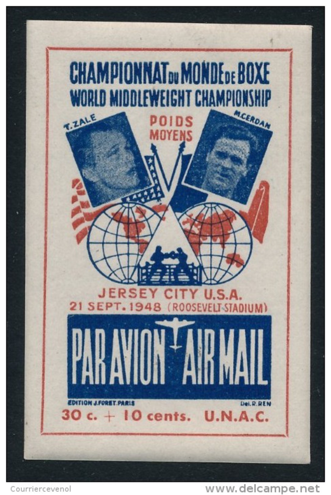 France-Etats Unis - 4 Vignettes Par Avion Championnat Du Monde Boxe 1948 - Airmail Label World Championship Jersey City - Cinderellas