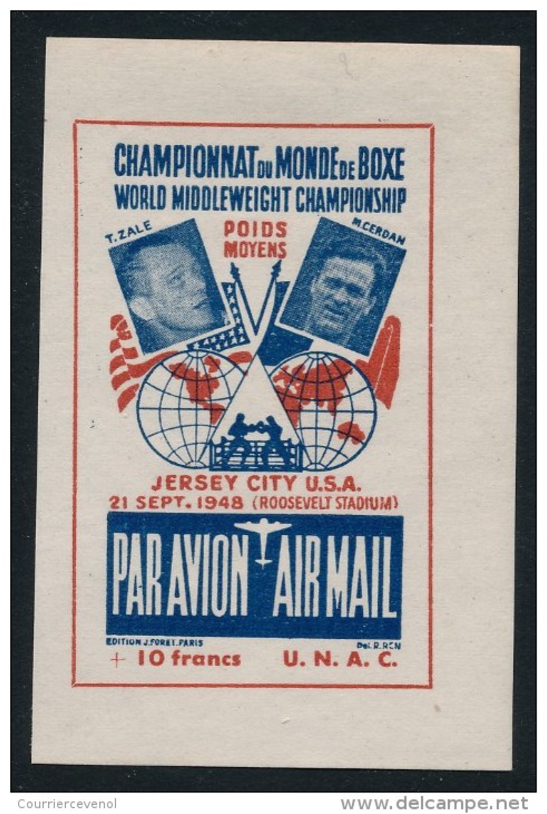 France-Etats Unis - 4 Vignettes Par Avion Championnat Du Monde Boxe 1948 - Airmail Label World Championship Jersey City - Erinnofilia