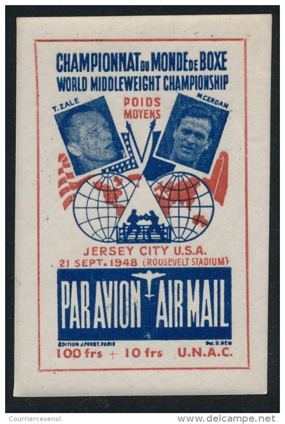 France-Etats Unis - 4 Vignettes Par Avion Championnat Du Monde Boxe 1948 - Airmail Label World Championship Jersey City - Erinofilia