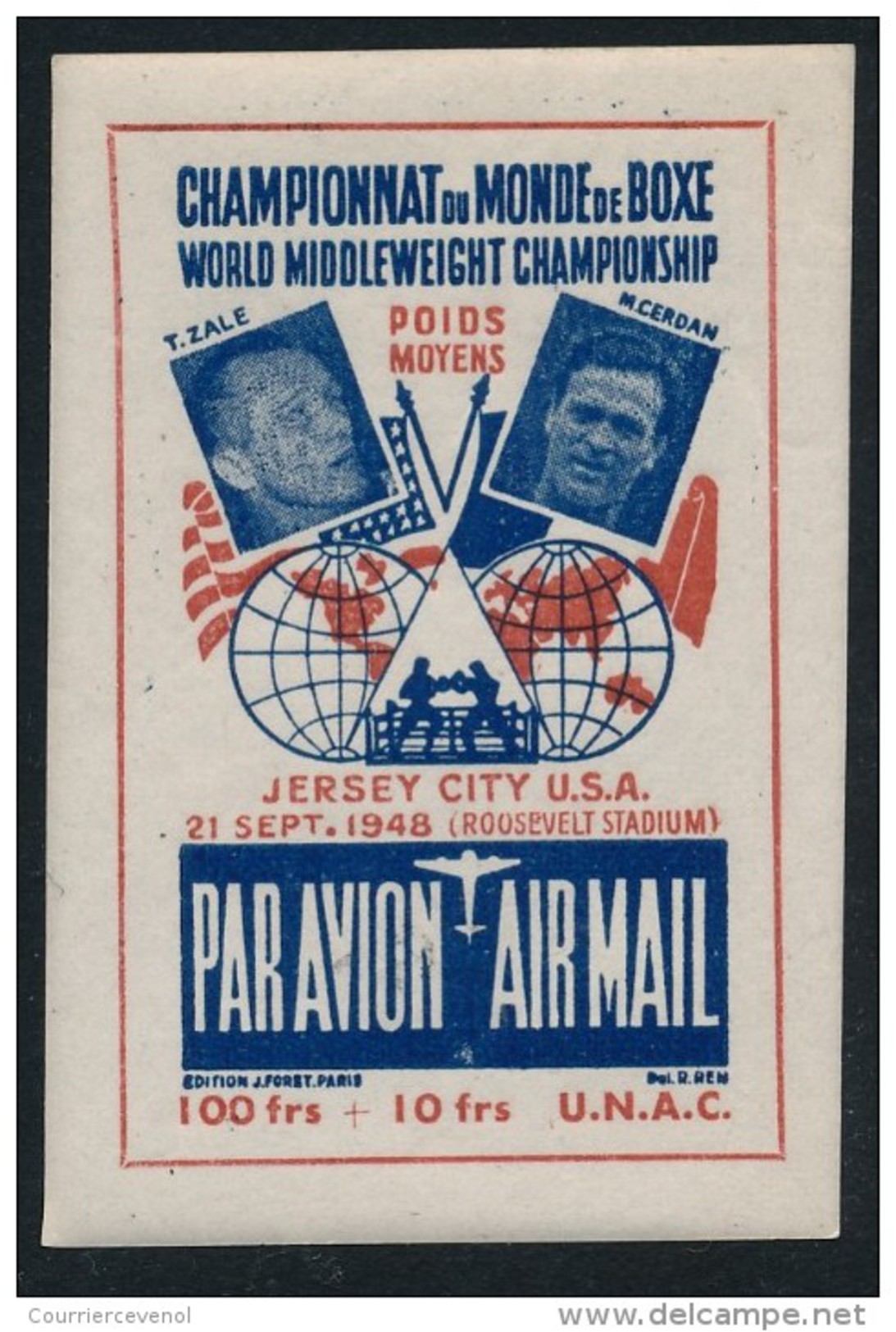 France-Etats Unis - 4 Vignettes Par Avion Championnat Du Monde Boxe 1948 - Airmail Label World Championship Jersey City - Erinnofilie