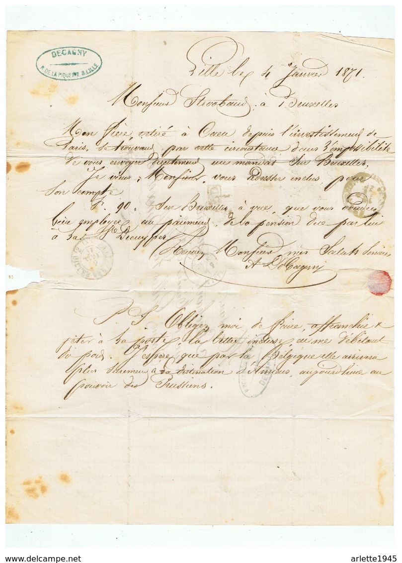 LETTRE ITINERAIRE POSTAL AFIN D' EVITER L'ARMEE PRUSSIENNE  DEPART LILLE Pour BRUXELLES 04 JANVIER 1871 - Guerre De 1870