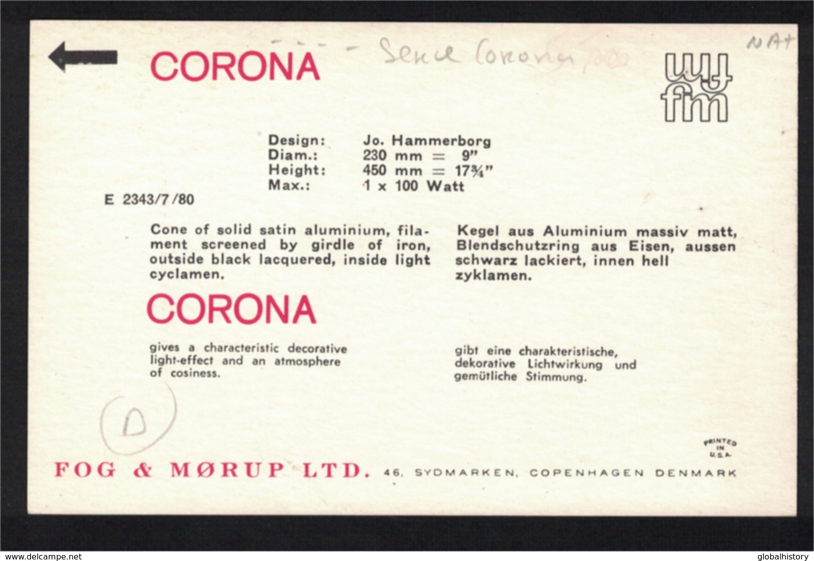 DF1284 - DENMARK - ADVERTISEMENT - FOG & MØRUP LTD. - DESIGN LAMPS SERIE CORONA - Denemarken