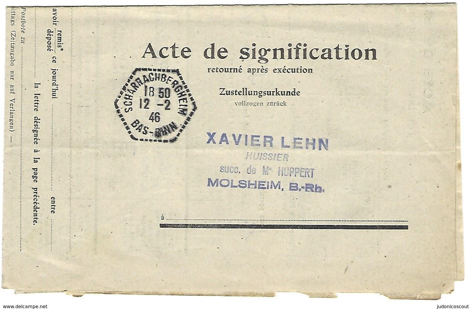 Agence Postale SCHARRACHBERGHEIM Cachet Hexagonal Perlé Type F4 En Franchise - 12.2.1946 - 1921-1960: Période Moderne