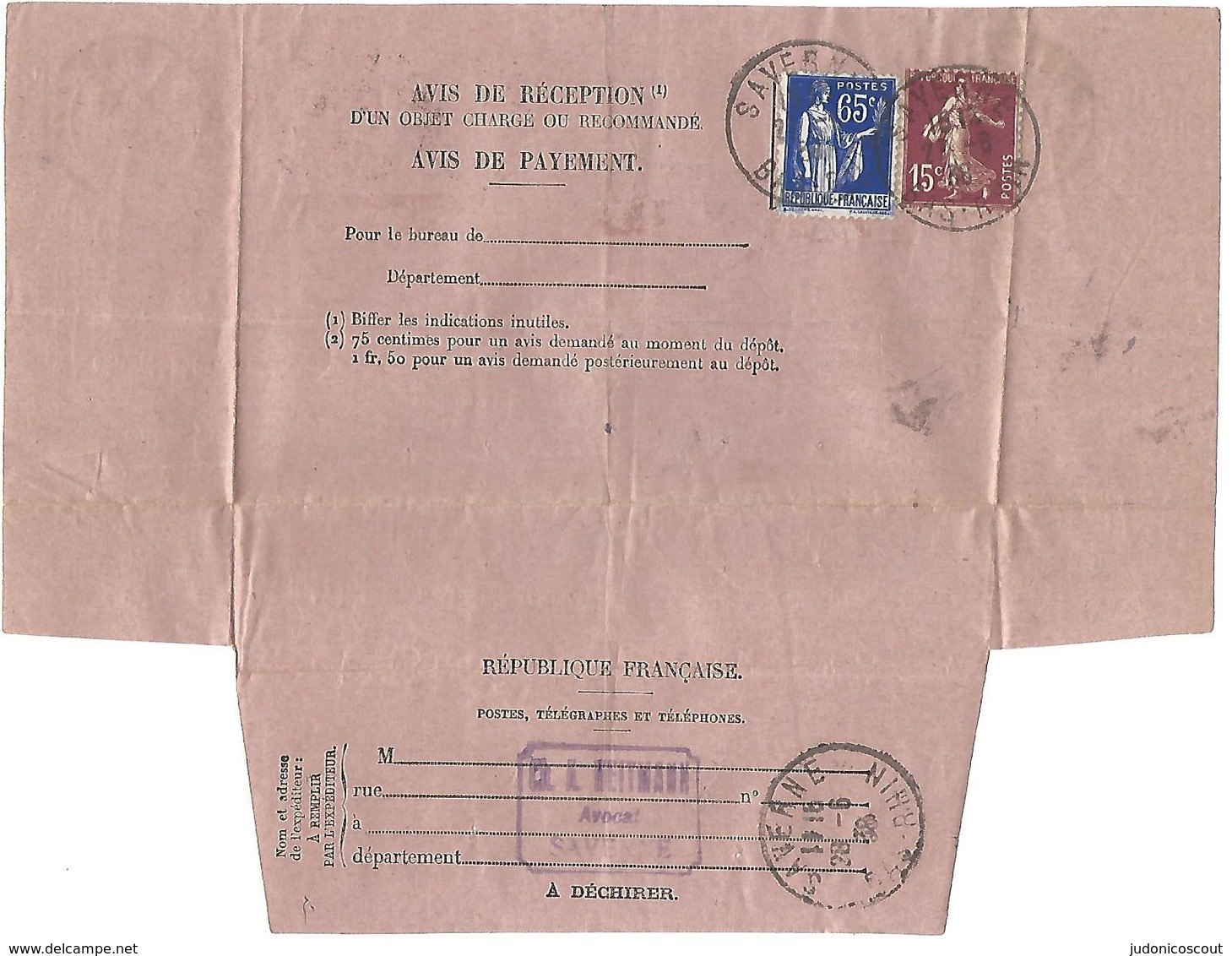 Avis De Réception SAVERNE 28.6.1938 - Paix 65c + Semeuse 15c - 1921-1960: Période Moderne