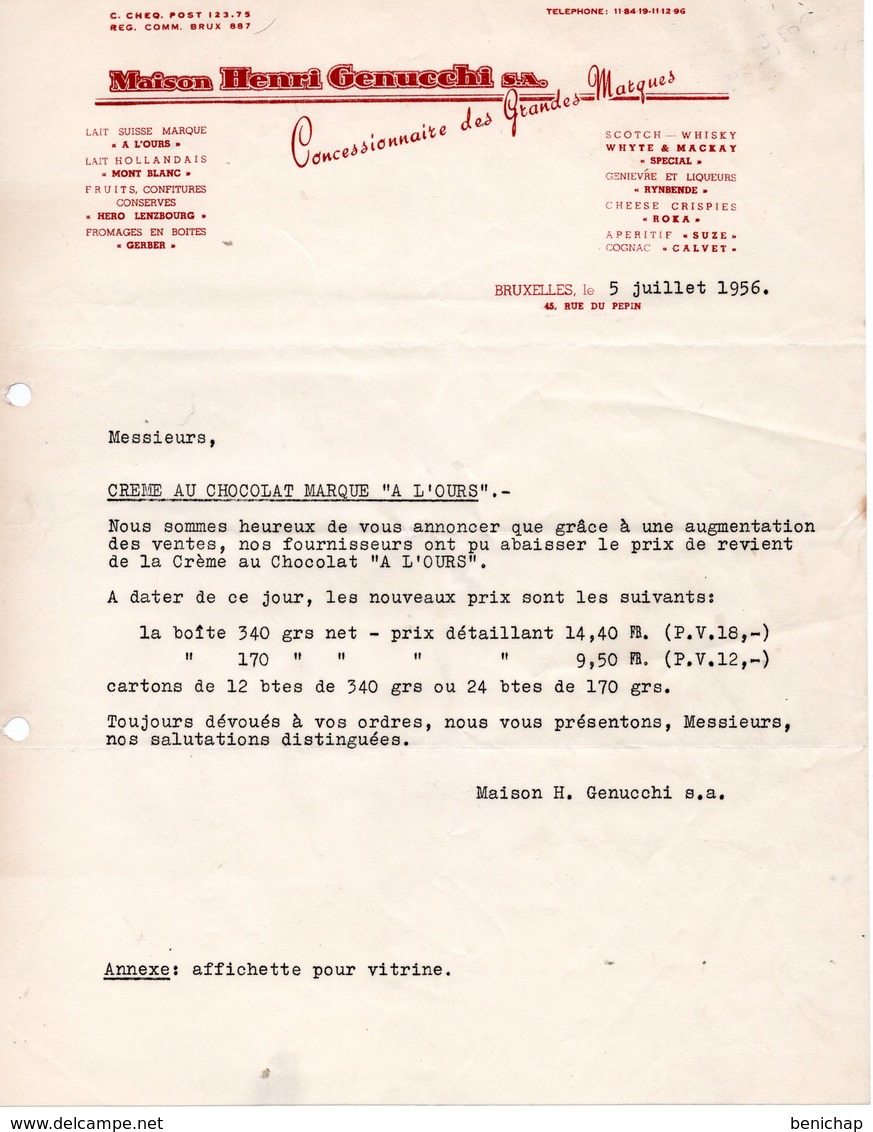 MAISON HENRI GENUCCHI - LAIT SUISSE - A LéOURS - WHYTE & MACKAY - CALVET - SUZE - 5 JUILLET 1956. - Alimentaire