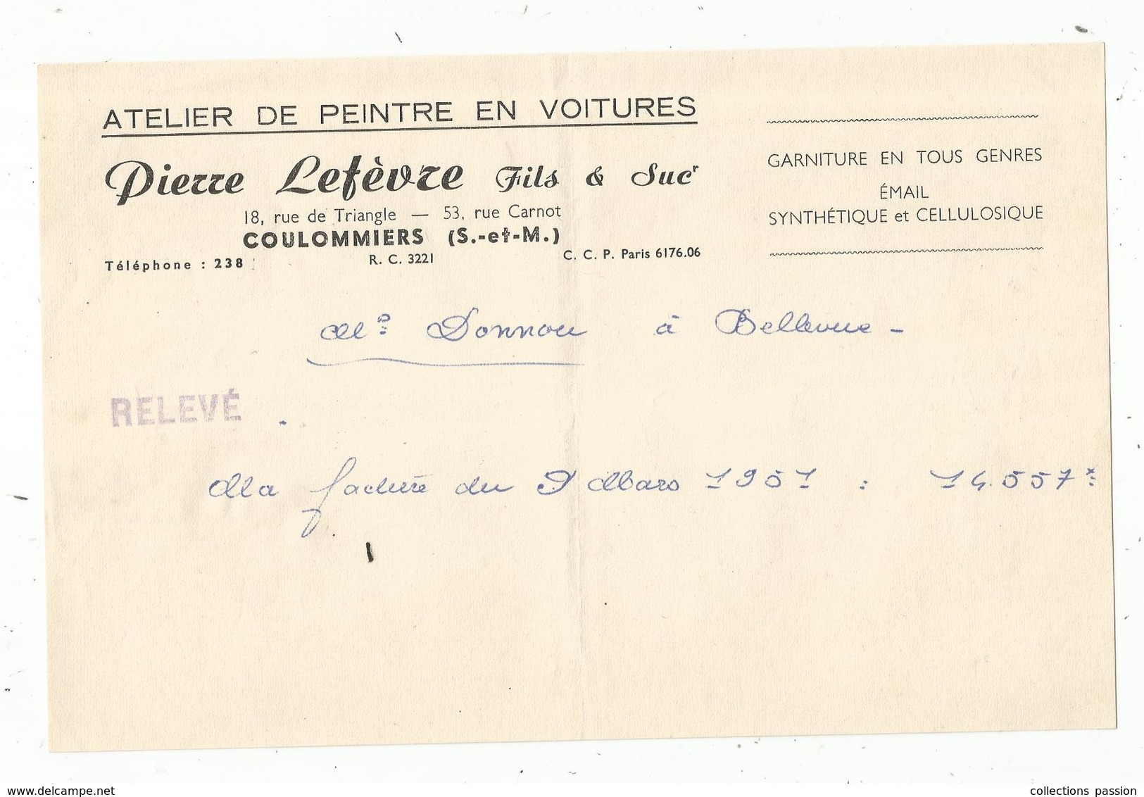 FACTURE , Atelier De Peintre En Voitures ,P. Lefèvre Fils & Suc. ,77 ,  COULOMMIERS ,1951 ,relevé - Cars