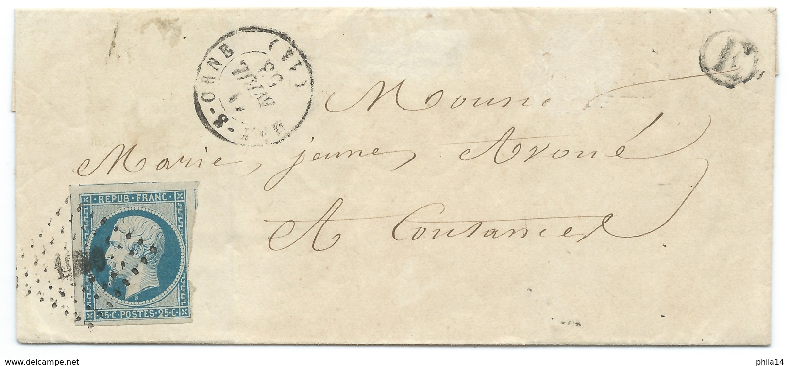 N° 10 BLEU NAPOLEON SUR LETTRE / CAEN SUR ORNE POUR COUTANCES / 1853 / BOITE RURALE E - 1849-1876: Période Classique