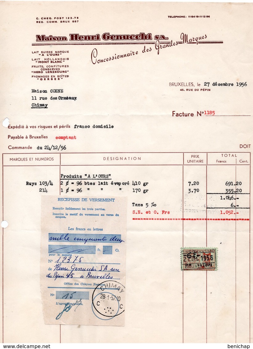 MAISON HENRI GENUCCHI - MONT BLANC - A L'OURS - GERBER - HERO LENZBOURG - BRUXELLES - 27 DECEMBRE 1956. - Alimentare