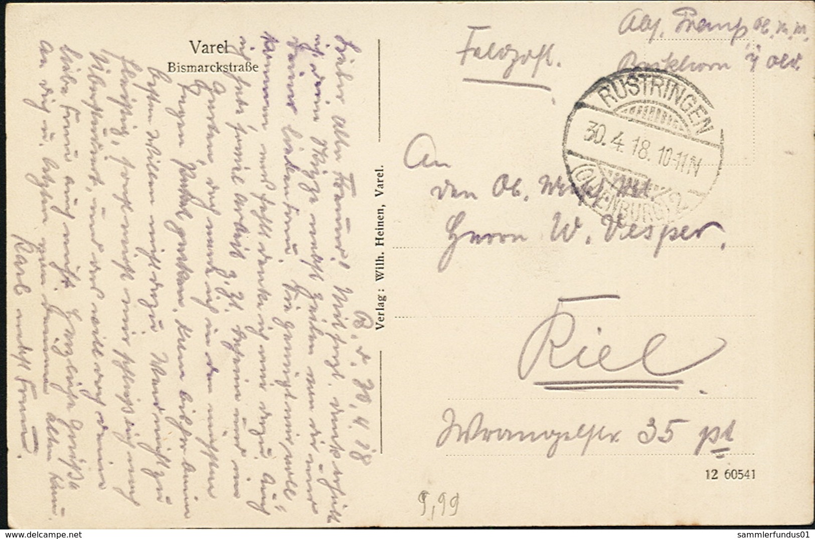 AK/CP Varel  Bismarckstrasse   Gel./circ. 1918   Erhaltung/Cond. 2  Nr. 00998 - Varel