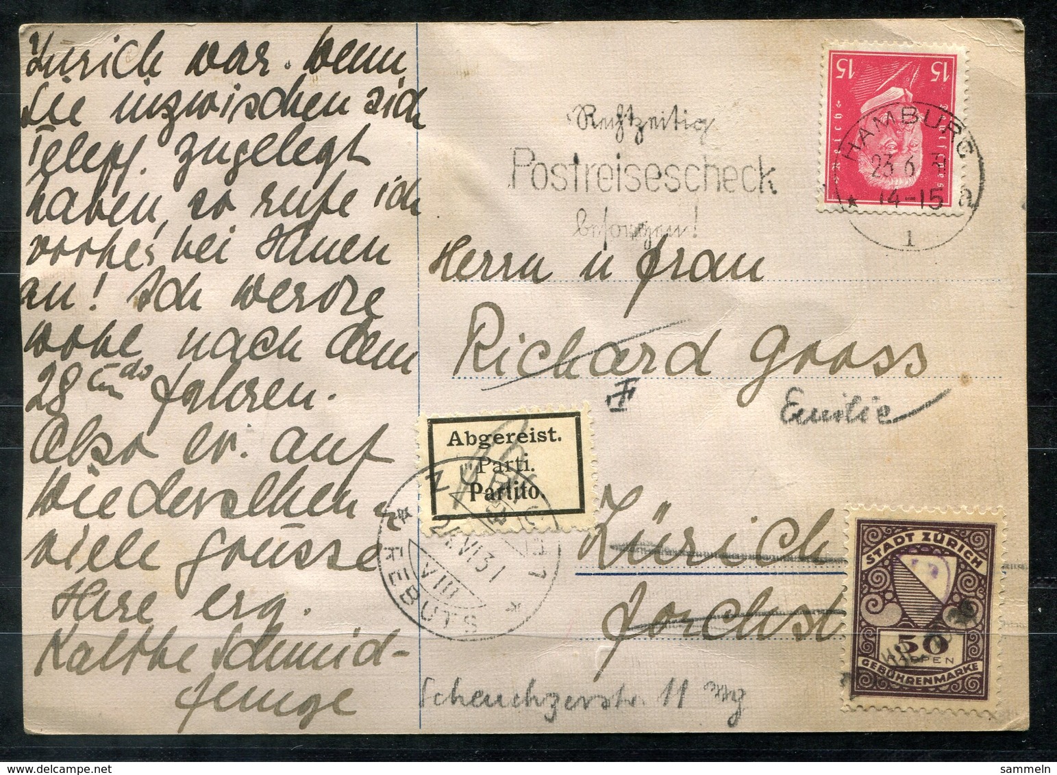 5727 - DEUTSCHES REICH - PK Mit EF Der Mi.414 > Schweiz, Aufkleber "Abgereist" Und Gebührenmarke Zürich 50 Rappen - Storia Postale