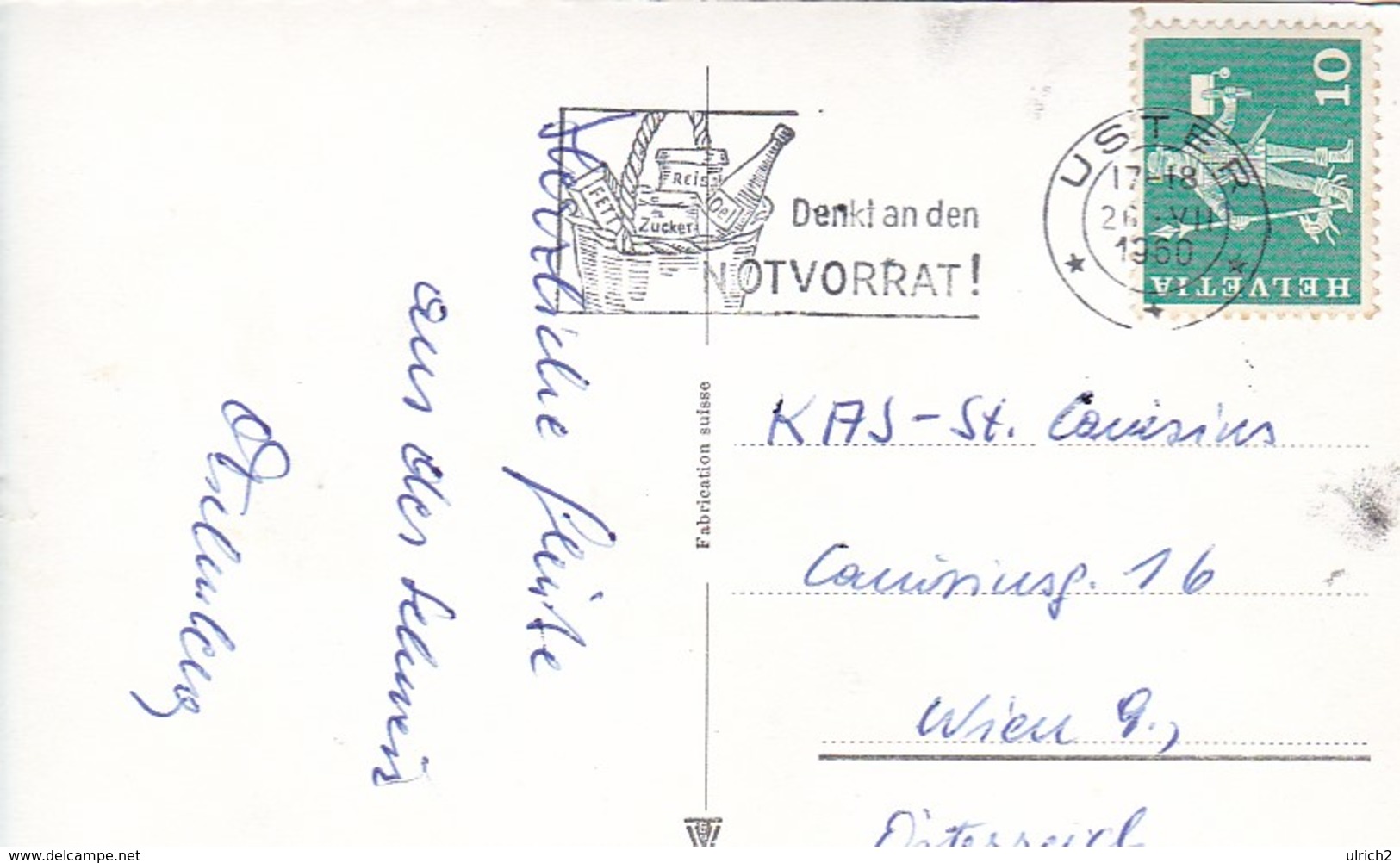 AK Uster - Katholische Kirche - Werbestempel Denkt An Den Notvorrat  - 1960 (47664) - Uster