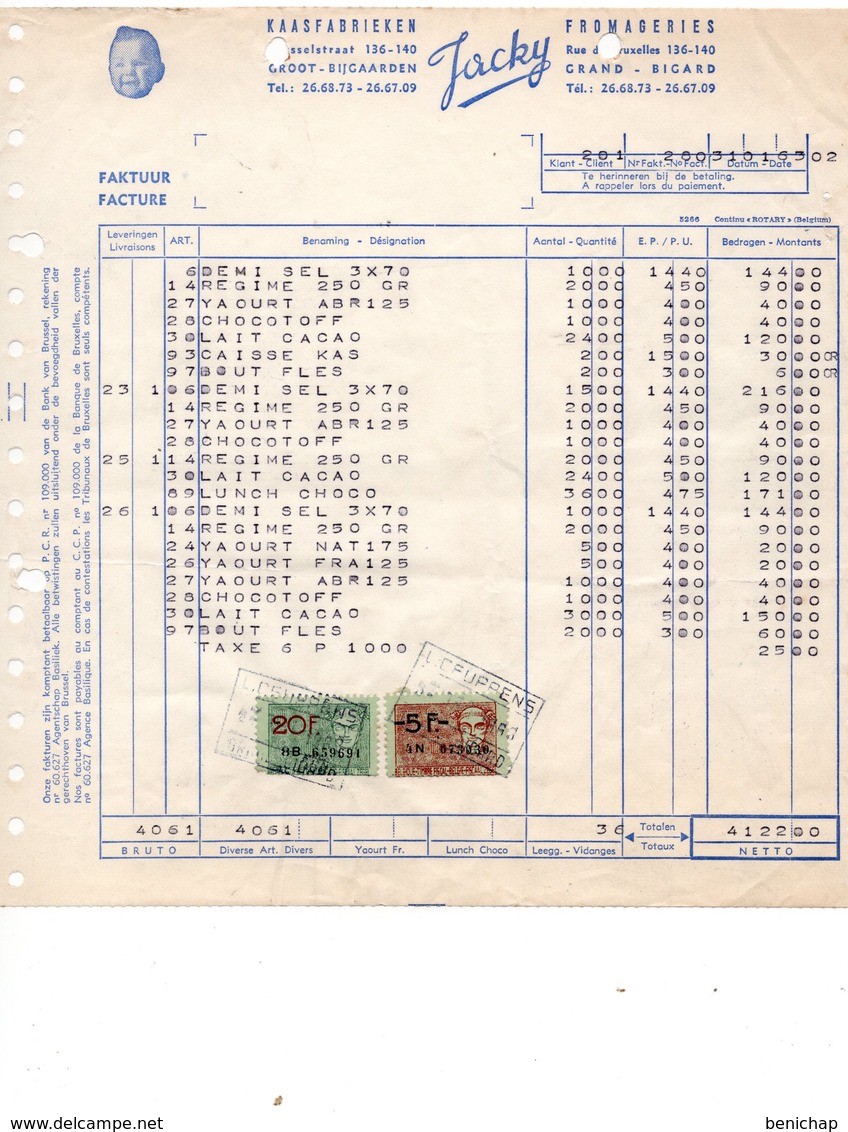 KAASFABROEKEN - FROMAGERIE JACKY - GROOT-BIJGAARDEN - GRAND-BIGARD - 31 JANVIER 1965. - Alimentare