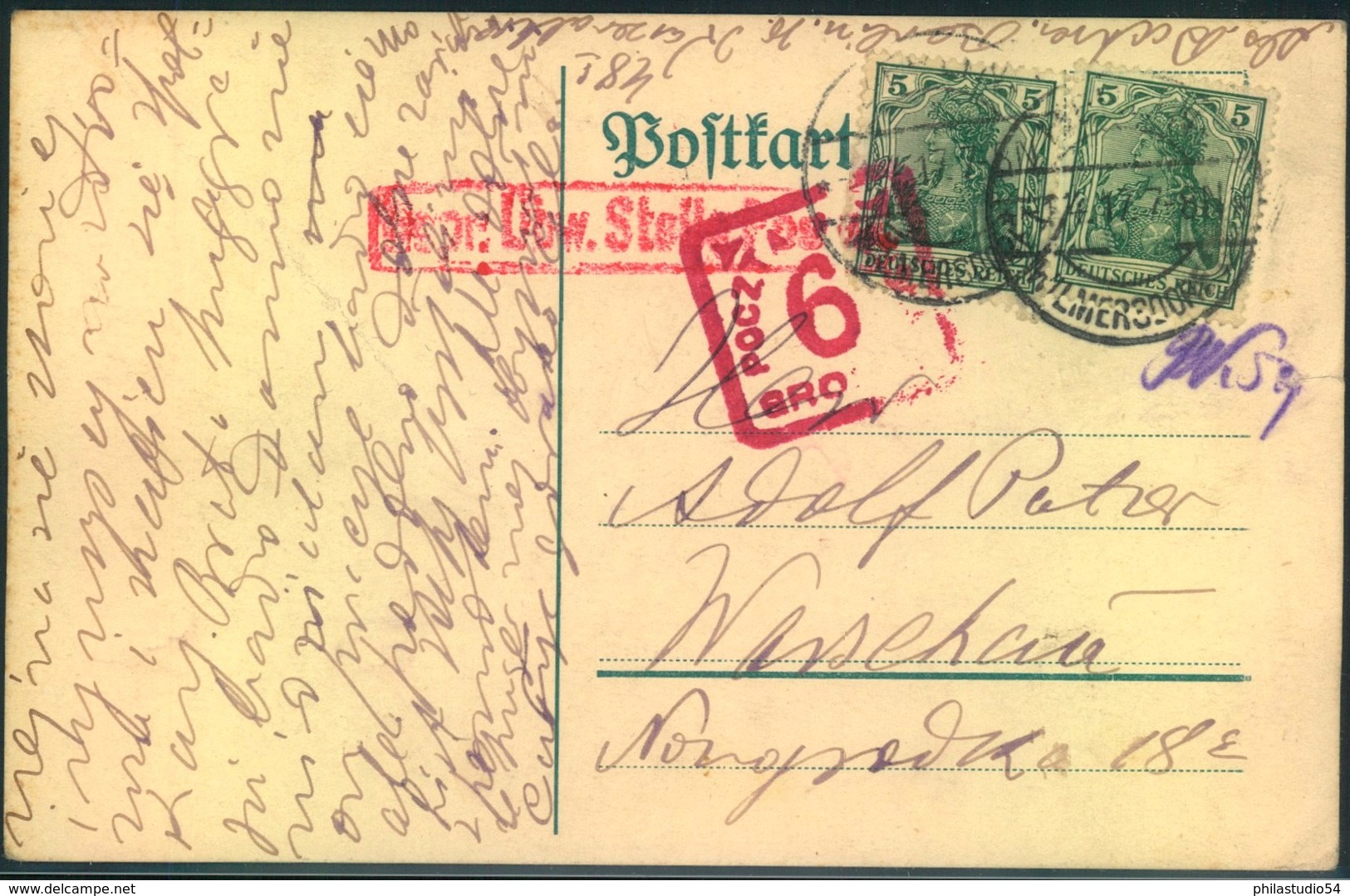 1917, POLEN: Karte Aus Berlin-Wilmersdorf Nach Warschau Mit Zensur Und Rotem "6 Groszy! Zustellgebührstempel - Occupation 1914-18