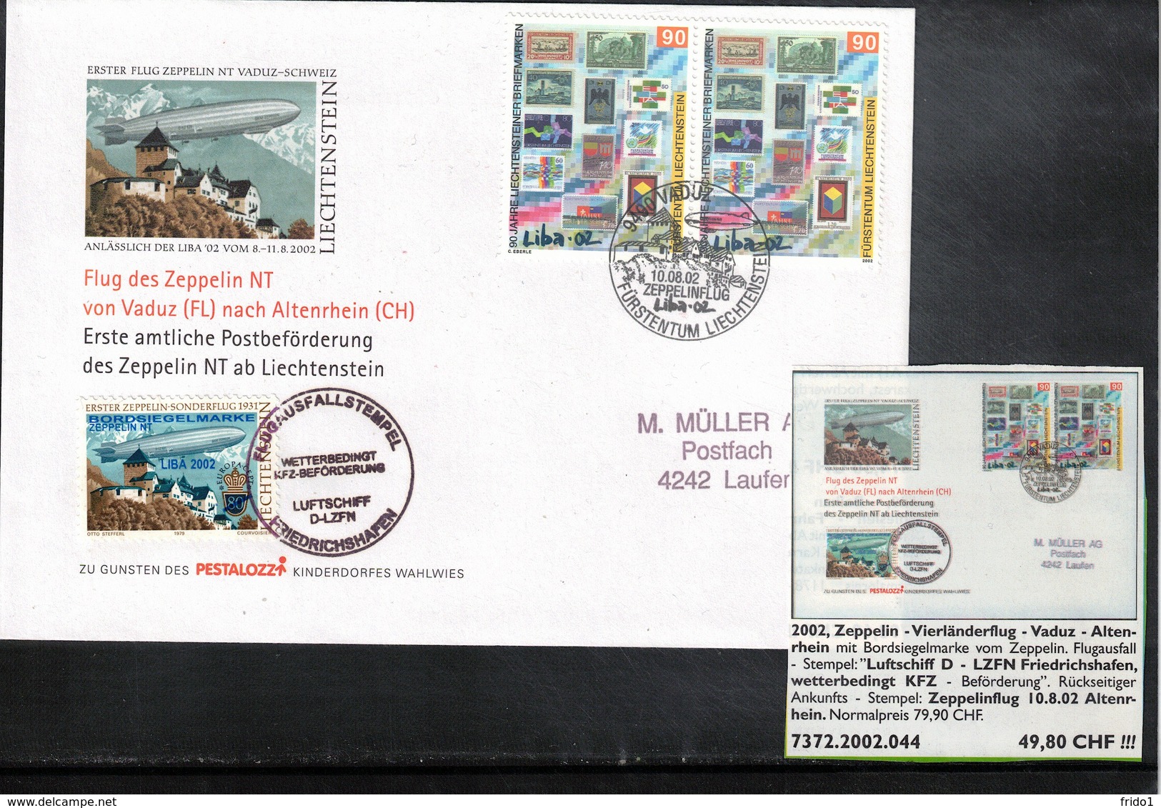 Liechtenstein 2002 Zeppeli Flug Vaduz-Altenrhein - Erste Amtliche Postbefoederung Des Zeppelin NT Ab Liechtenstein - Covers & Documents