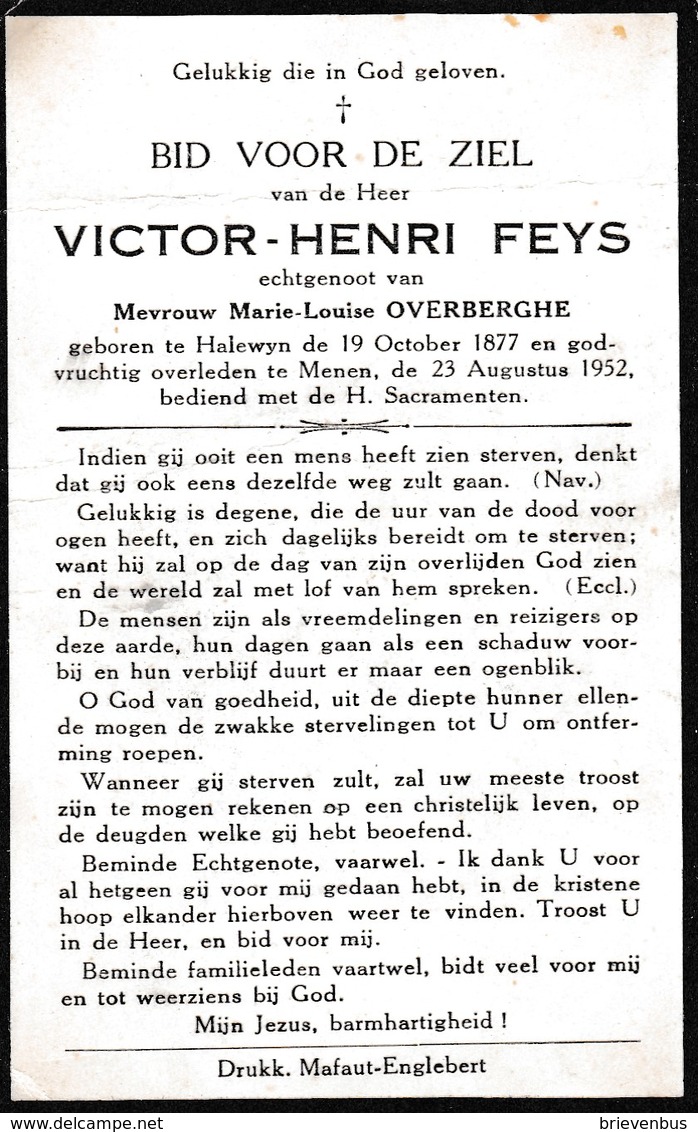 Halluin, Halewijn, 1952, Menen, Victor Feys, Overberghe, - Imágenes Religiosas