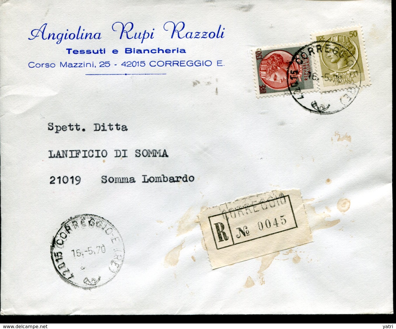 Italia (1970) - Raccomandata Da Correggio (RE) - 1961-70: Storia Postale