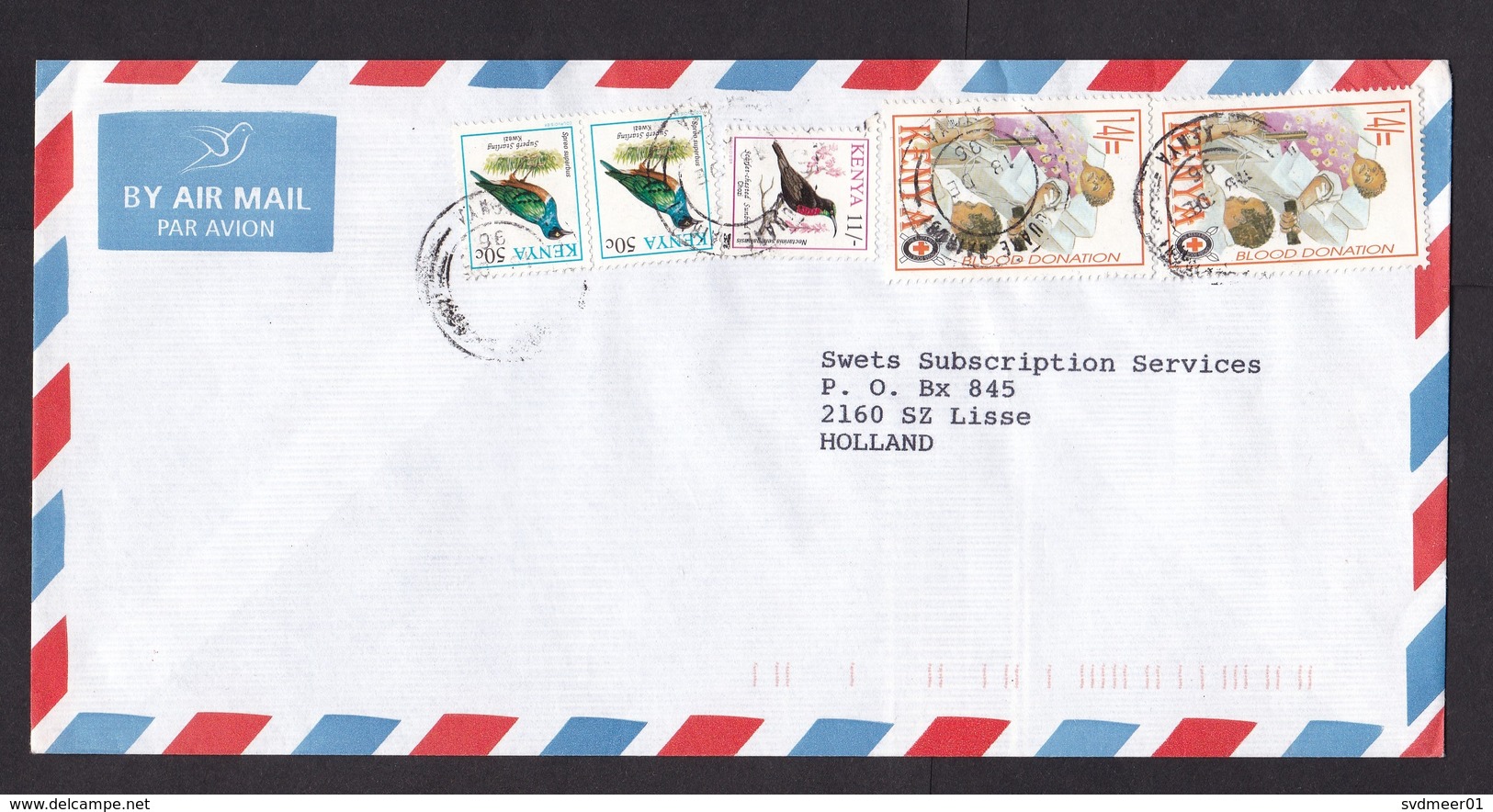 Kenya: Airmail Cover To Netherlands, 1996, 5 Stamps, Bird, Blood Donation, Red Cross, Rare Real Use (traces Of Use) - Kenia (1963-...)