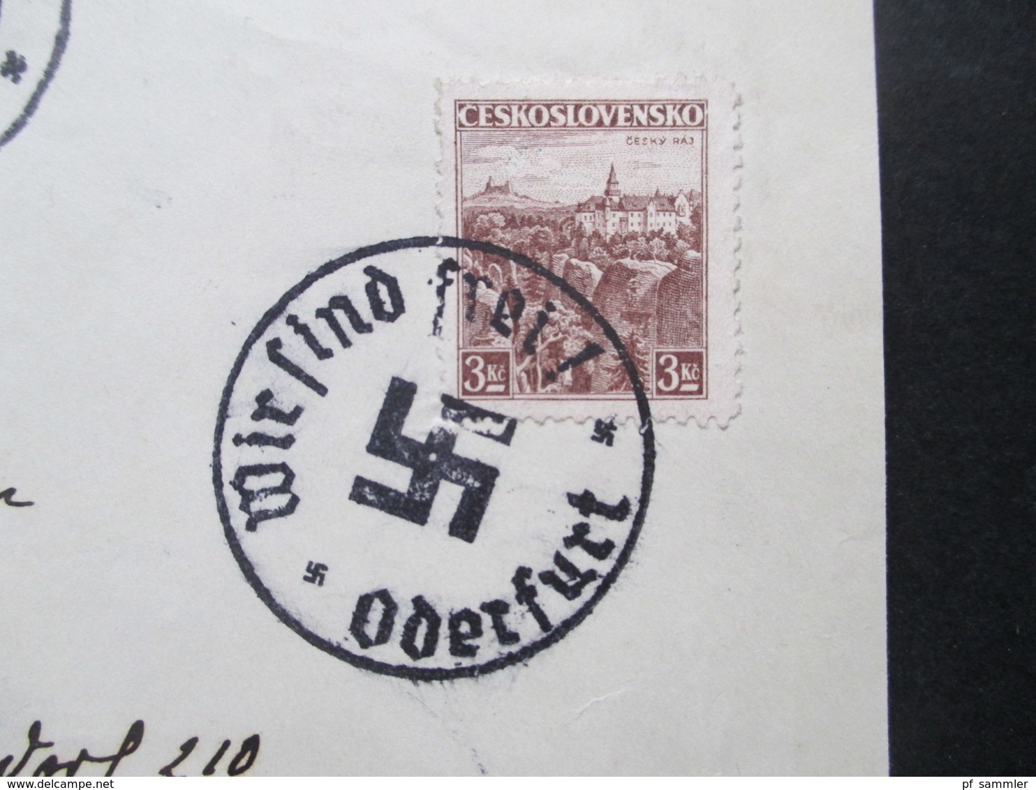 Böhmen Und Mähren Einschreiben Vorderseite R-Zettel Moravska Ostrava U. Befreiungsstempel Wir Sind Frei! Oderfurt - Storia Postale