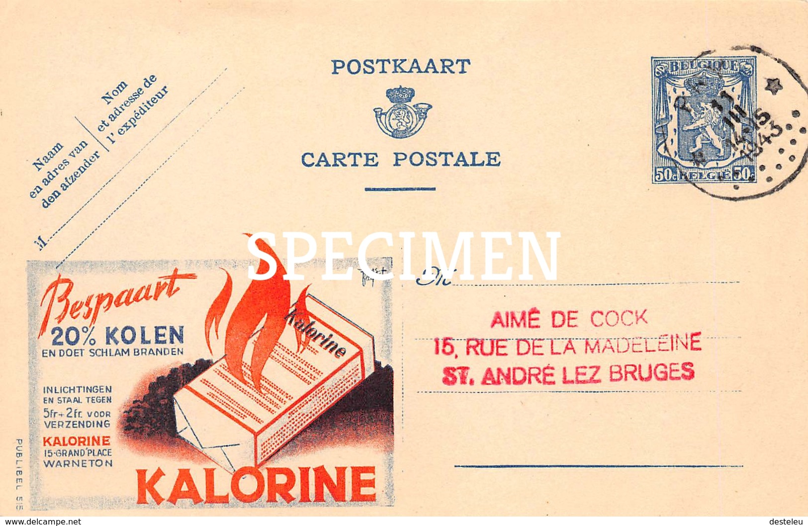 Briefkaart - Publibel  515 - Kalorine Bespaart 20% Kolen - Warneton - Pubblicitari