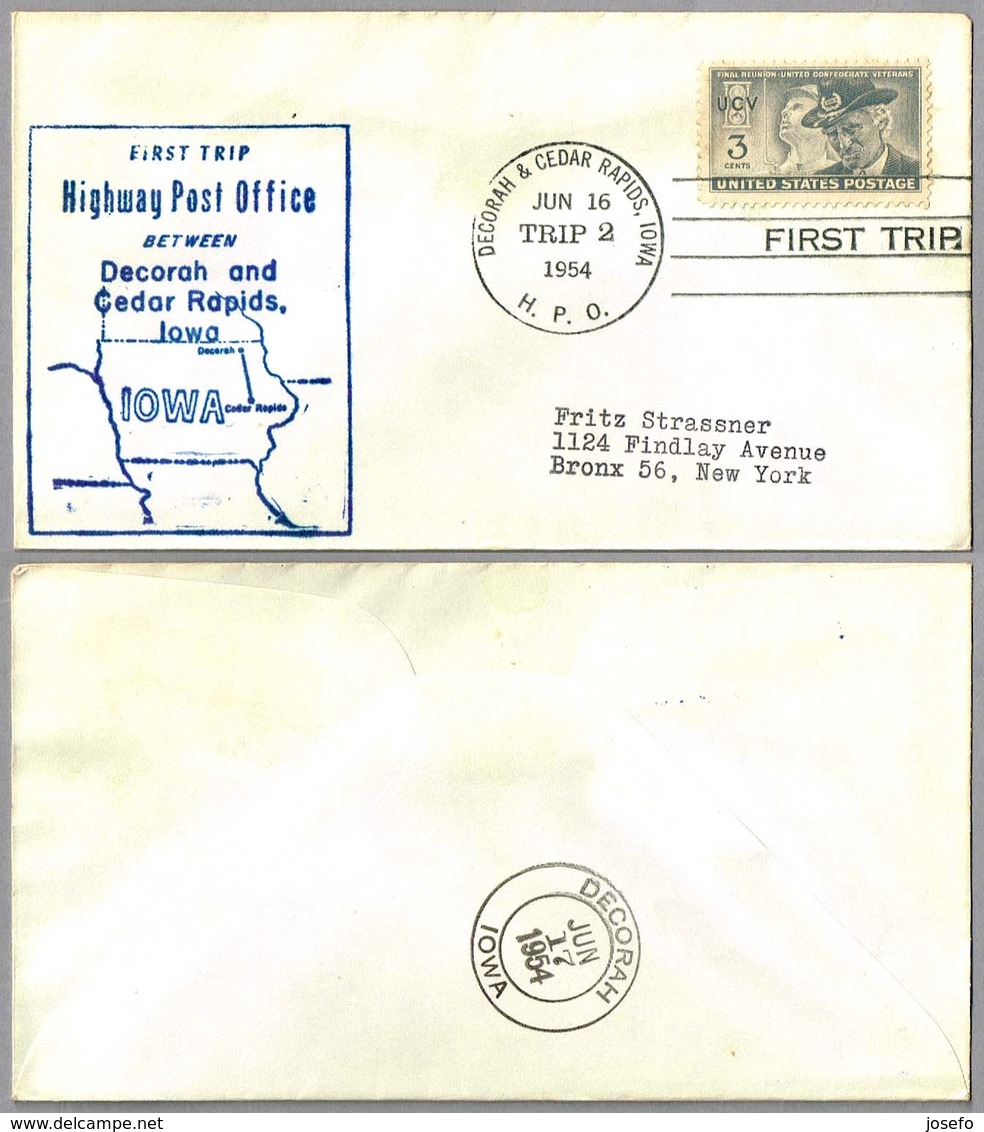 FIRST TRIP Highway Post Office: DECORAH & CEDAR RAPIDS, IOWA, 16 Junio 1954 - Correo Postal